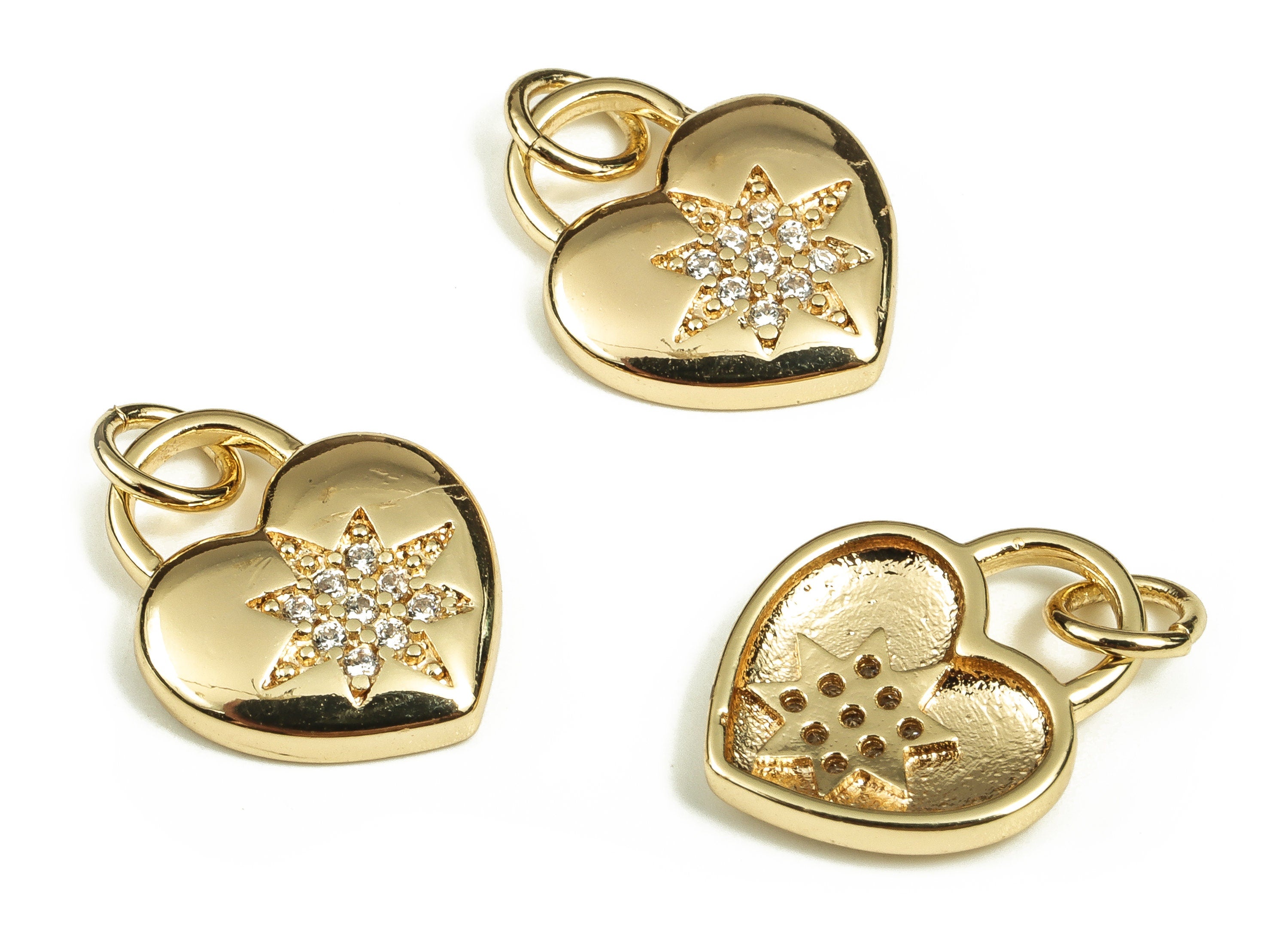 Brass Heart Earring Charms With Zircons - Gold Star Pendant - 18K Real Gold Plated Brass - Jewelry Supplies - 17.42x11.98x2.4mm - RGP3713 - DOMEDBAZAAR