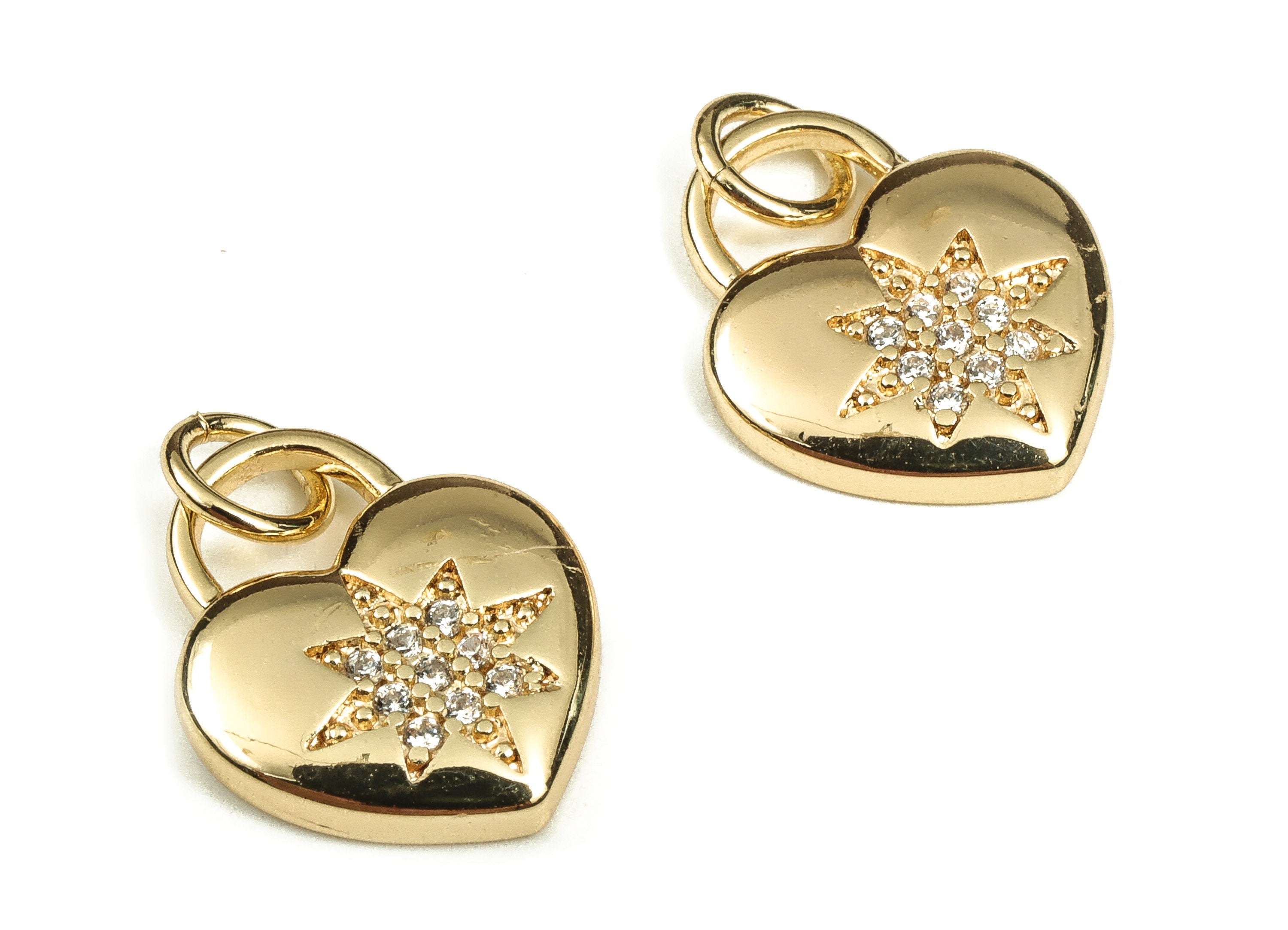 Brass Heart Earring Charms With Zircons - Gold Star Pendant - 18K Real Gold Plated Brass - Jewelry Supplies - 17.42x11.98x2.4mm - RGP3713 - DOMEDBAZAAR