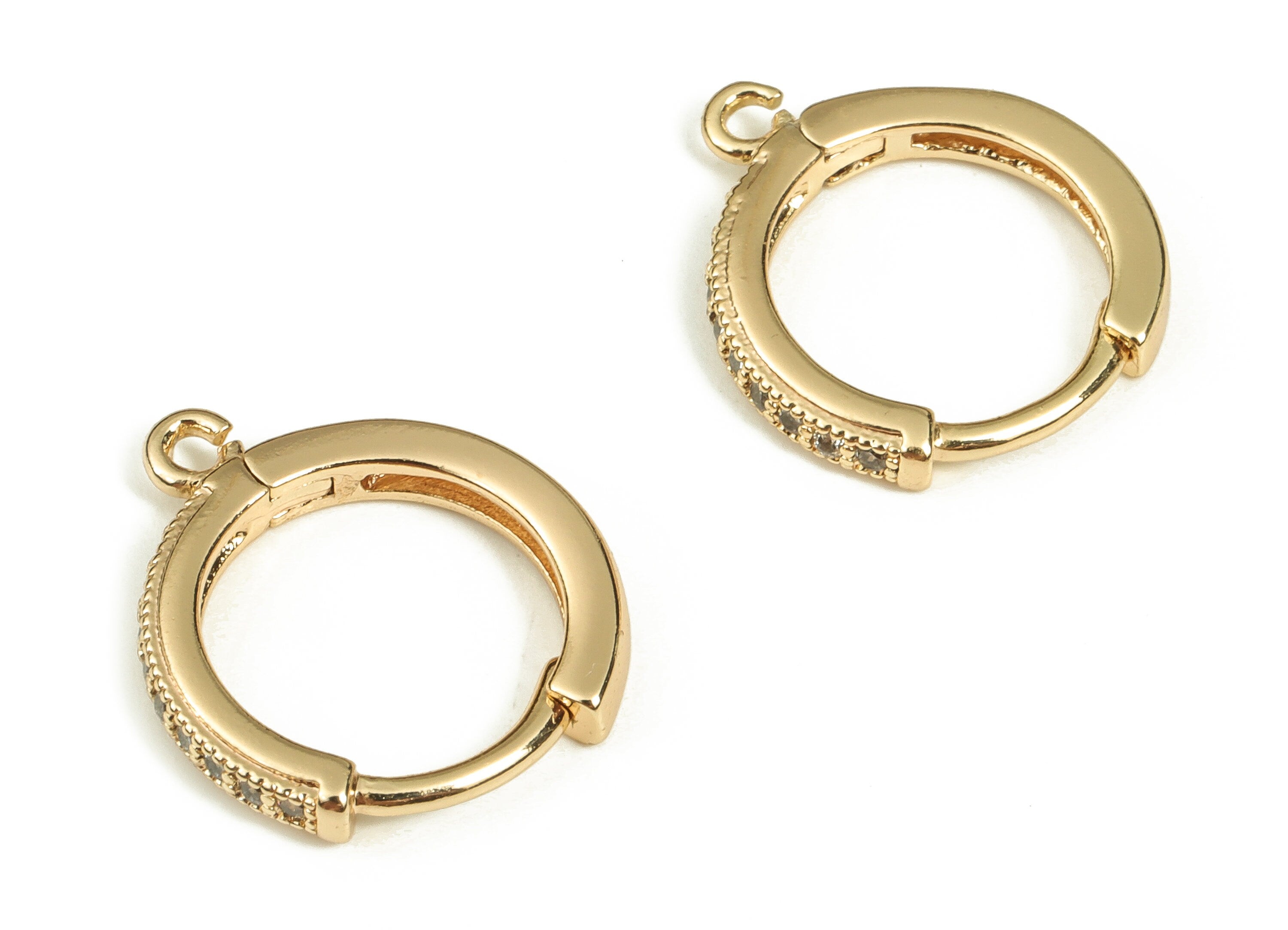 Brass Round Hoop Earring - Gold Hoop Huggie with Zircon - 18k Real Gold Plated Brass Studs - Jewelry Supplies -15.65x13.92x2.17mm- RGP3621 - DOMEDBAZAAR