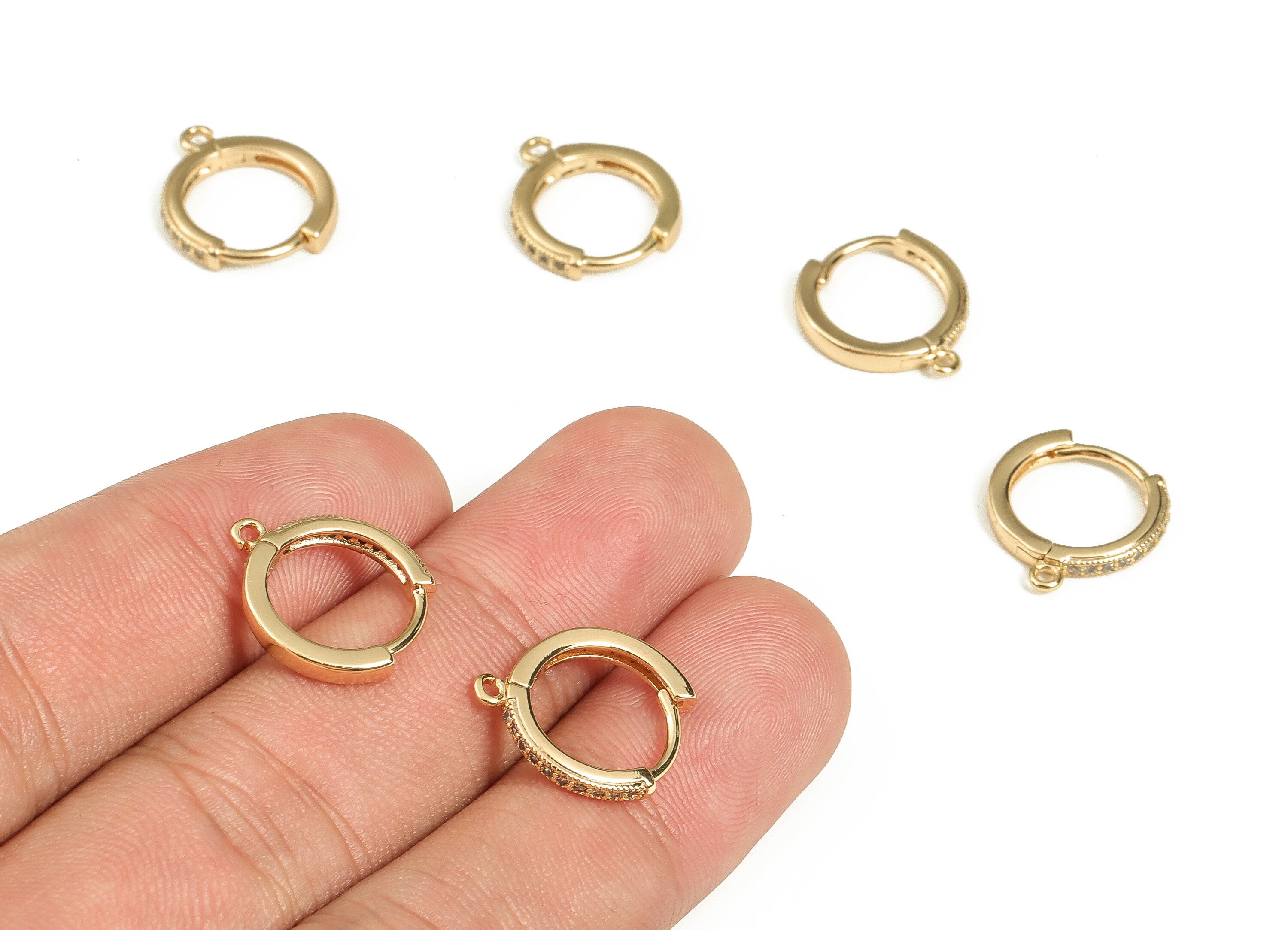 Brass Round Hoop Earring - Gold Hoop Huggie with Zircon - 18k Real Gold Plated Brass Studs - Jewelry Supplies -15.65x13.92x2.17mm- RGP3621 - DOMEDBAZAAR