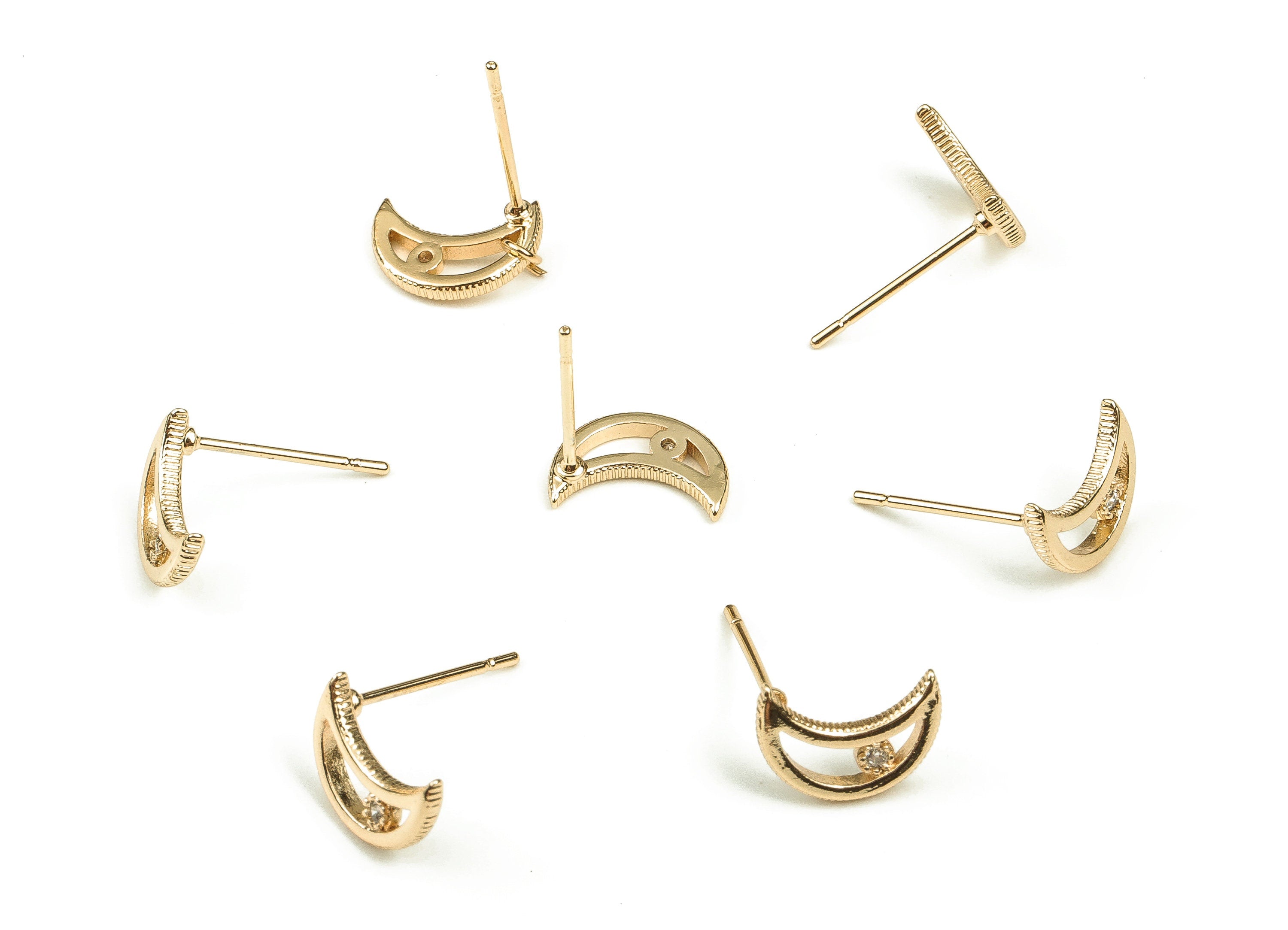 Brass Crescent Earring Post With Zircon - Gold Moon Earring Stud - 18K Real Gold Plated Brass - Stainless Steel Stud - 10x7x1.5mm - RGP3710 - DOMEDBAZAAR