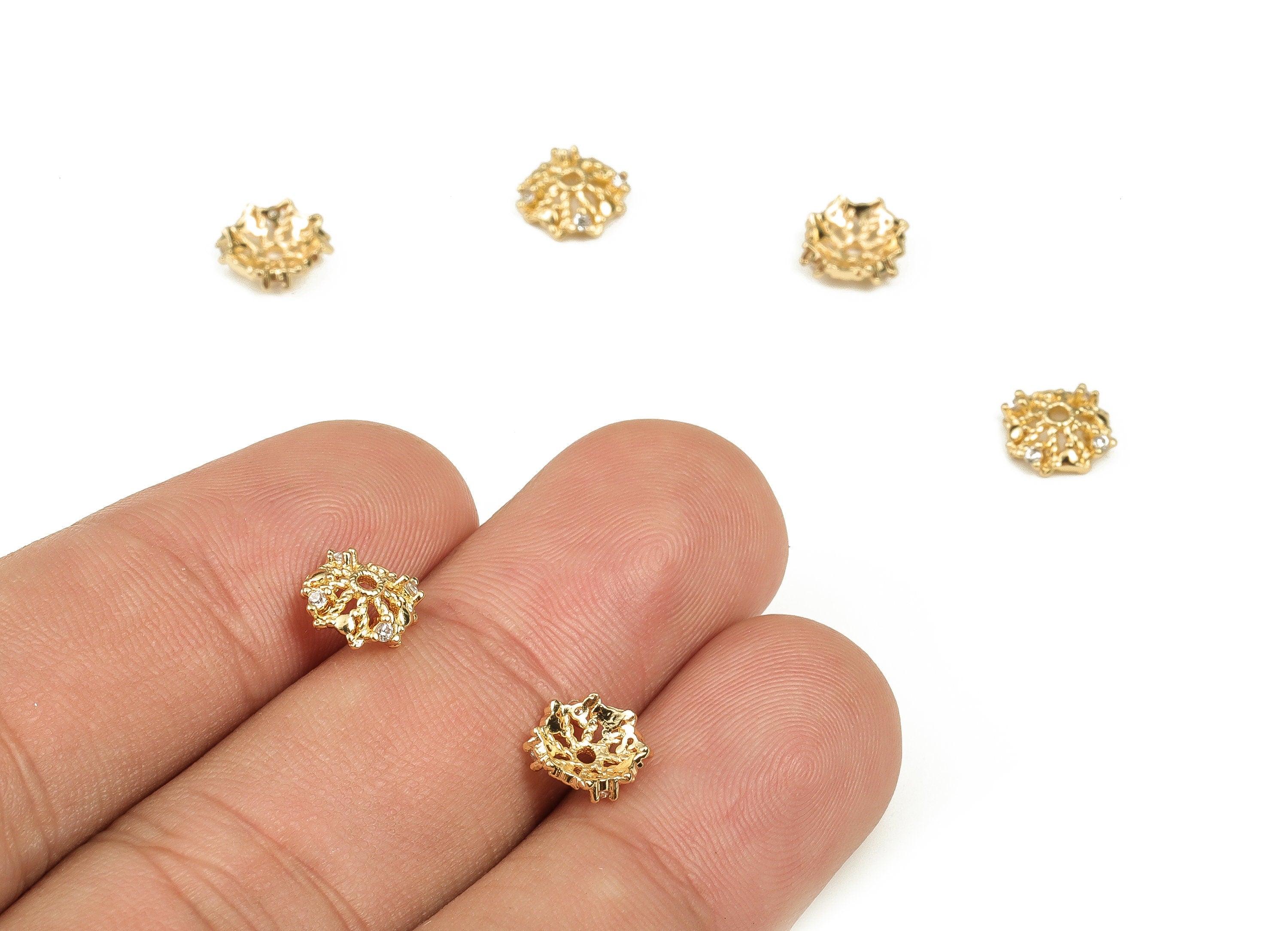 Brass Flower Bead End Caps with Zircons - Gold Spacer Bead Caps - 18K Gold Plated Brass Beads - Jewelry Supplies -8.11x8.09x2.65mm- RGP3539 - DOMEDBAZAAR