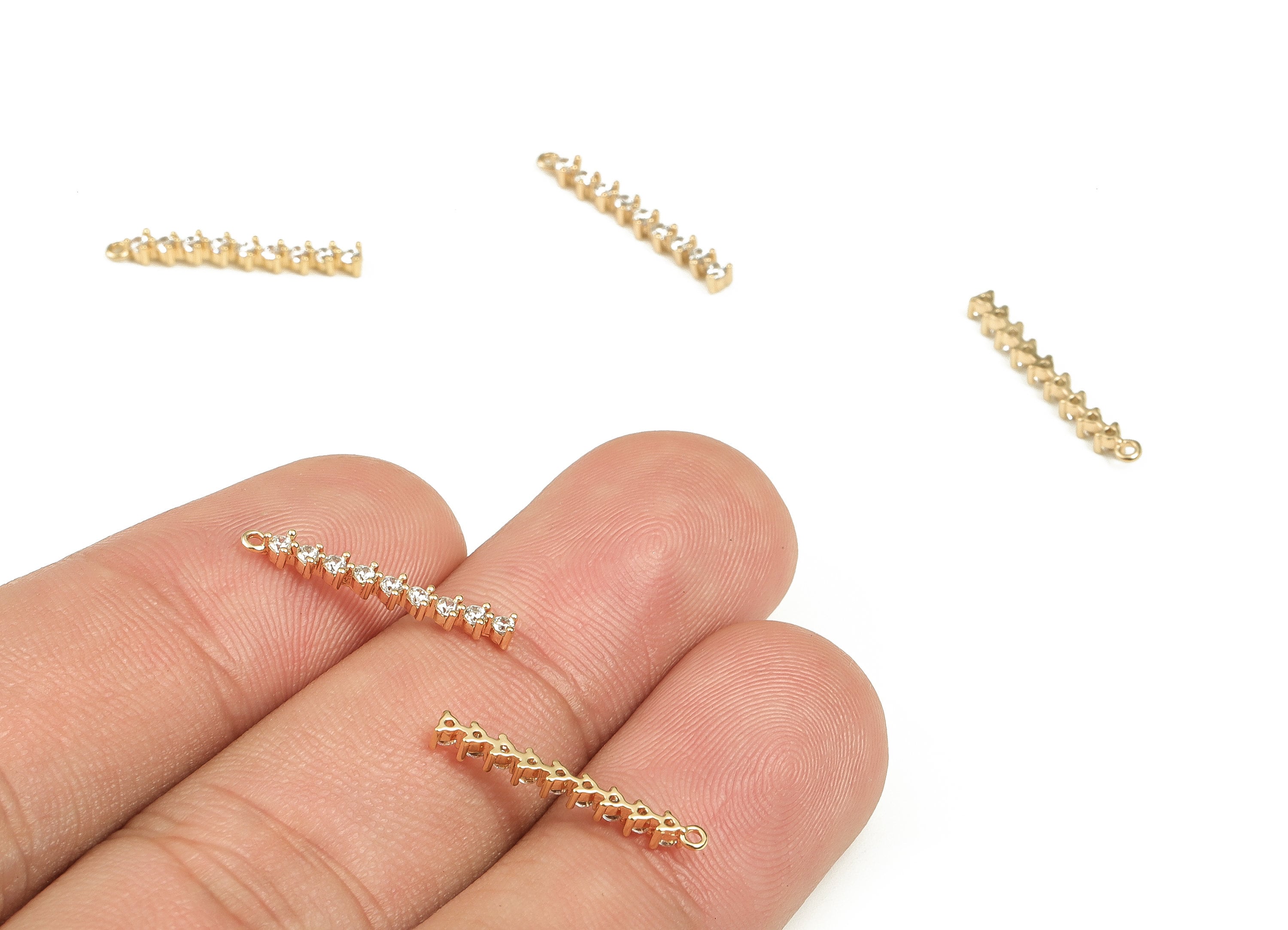 Brass Strip Earring Connector With Zircons - Gold Strip Pendant - 18K Real Gold Plated Brass - Jewelry Supplies - 18.38x2.35x2.1mm - RGP3704 - DOMEDBAZAAR