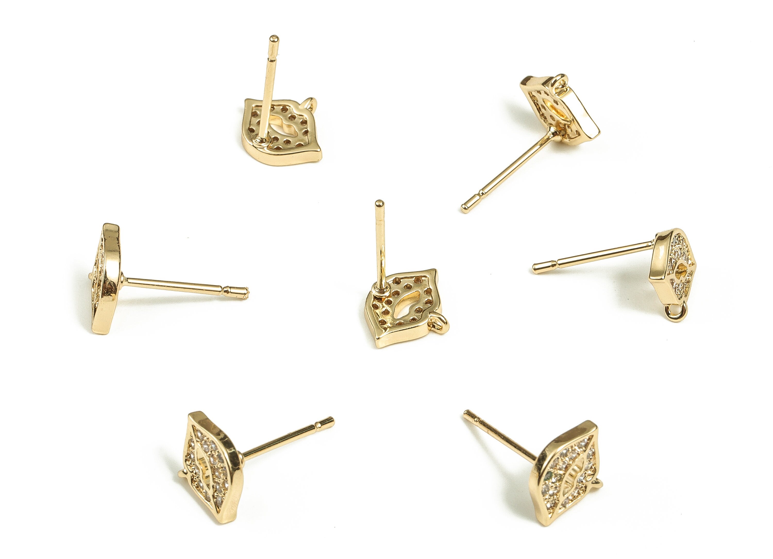 Brass Lips Earring Stud With Zircons - Gold Lips Earring Post - Stainless Steel Stud - 18K Real Gold Plated Brass -7.86x9.25x1.51mm- RGP3701 - DOMEDBAZAAR