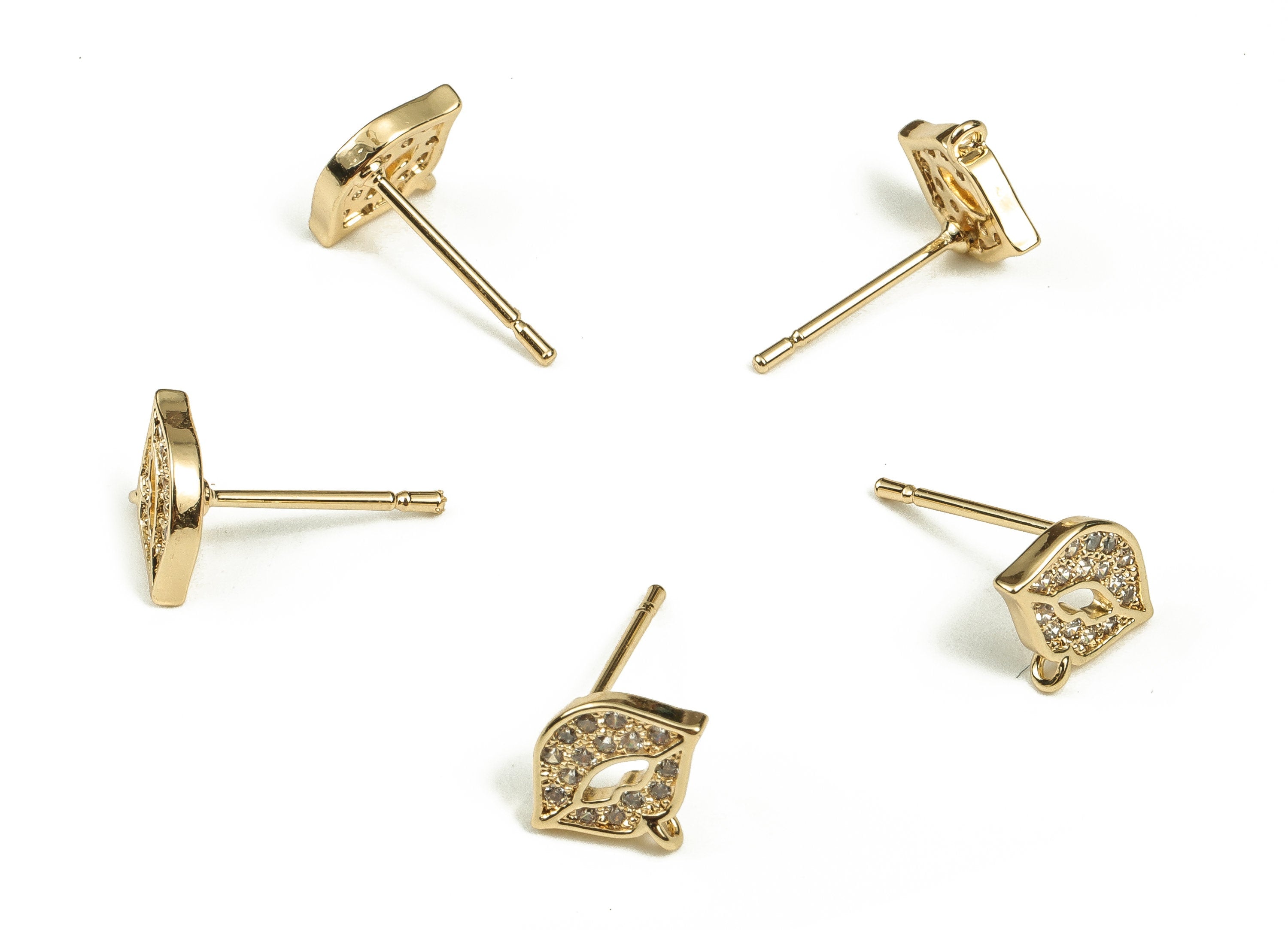 Brass Lips Earring Stud With Zircons - Gold Lips Earring Post - Stainless Steel Stud - 18K Real Gold Plated Brass -7.86x9.25x1.51mm- RGP3701 - DOMEDBAZAAR