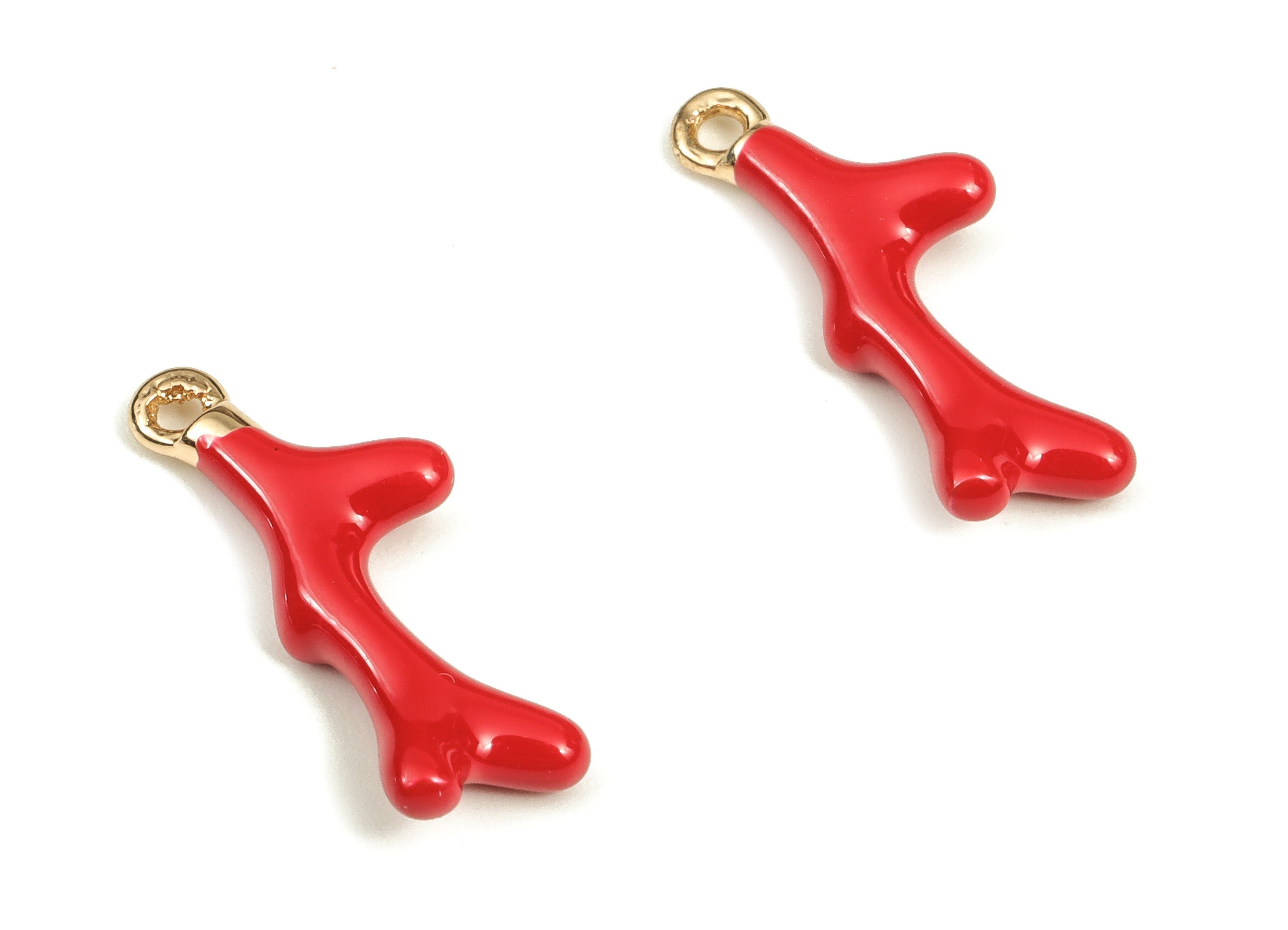 Brass Tree Branch Charms - Red Enamel Tree Branch Charm - 18k Real Gold Plated Brass - Jewelry Making Supplies -18.5x6.3x2.7mm- RGP3487 - DOMEDBAZAAR