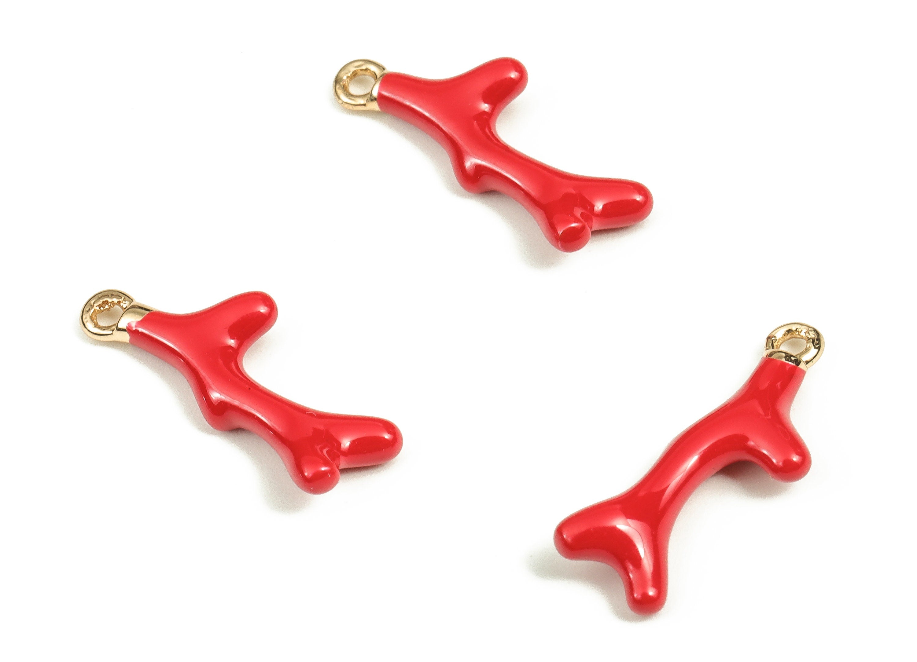 Brass Tree Branch Charms - Red Enamel Tree Branch Charm - 18k Real Gold Plated Brass - Jewelry Making Supplies -18.5x6.3x2.7mm- RGP3487 - DOMEDBAZAAR