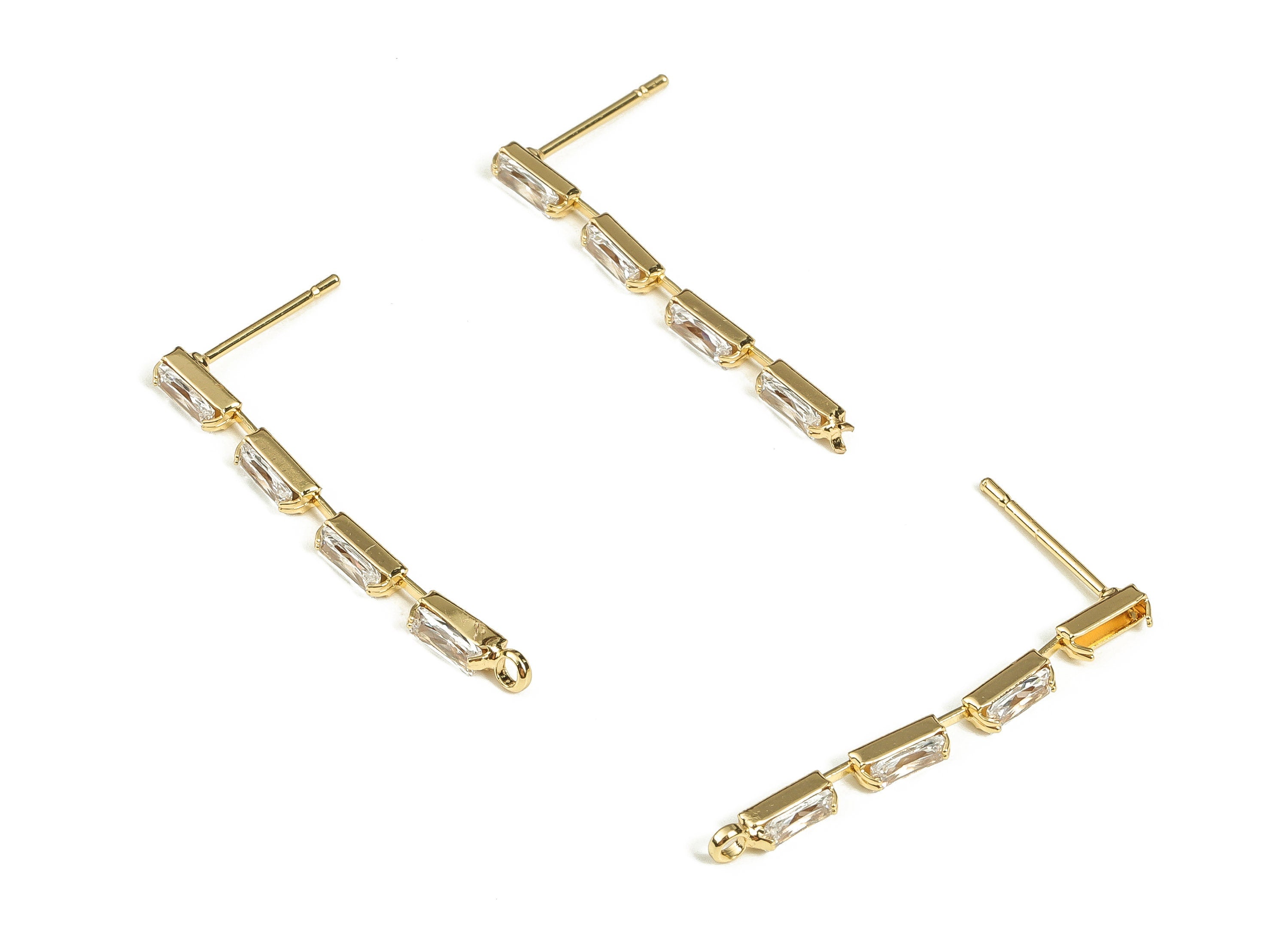 Brass Dangle Earring Stud with Zircons - Gold Rectangle Chain Post - Brass Stud - 18K Real Gold Plated Brass -31.19x2.52x2.7mm- RGP3560 - DOMEDBAZAAR