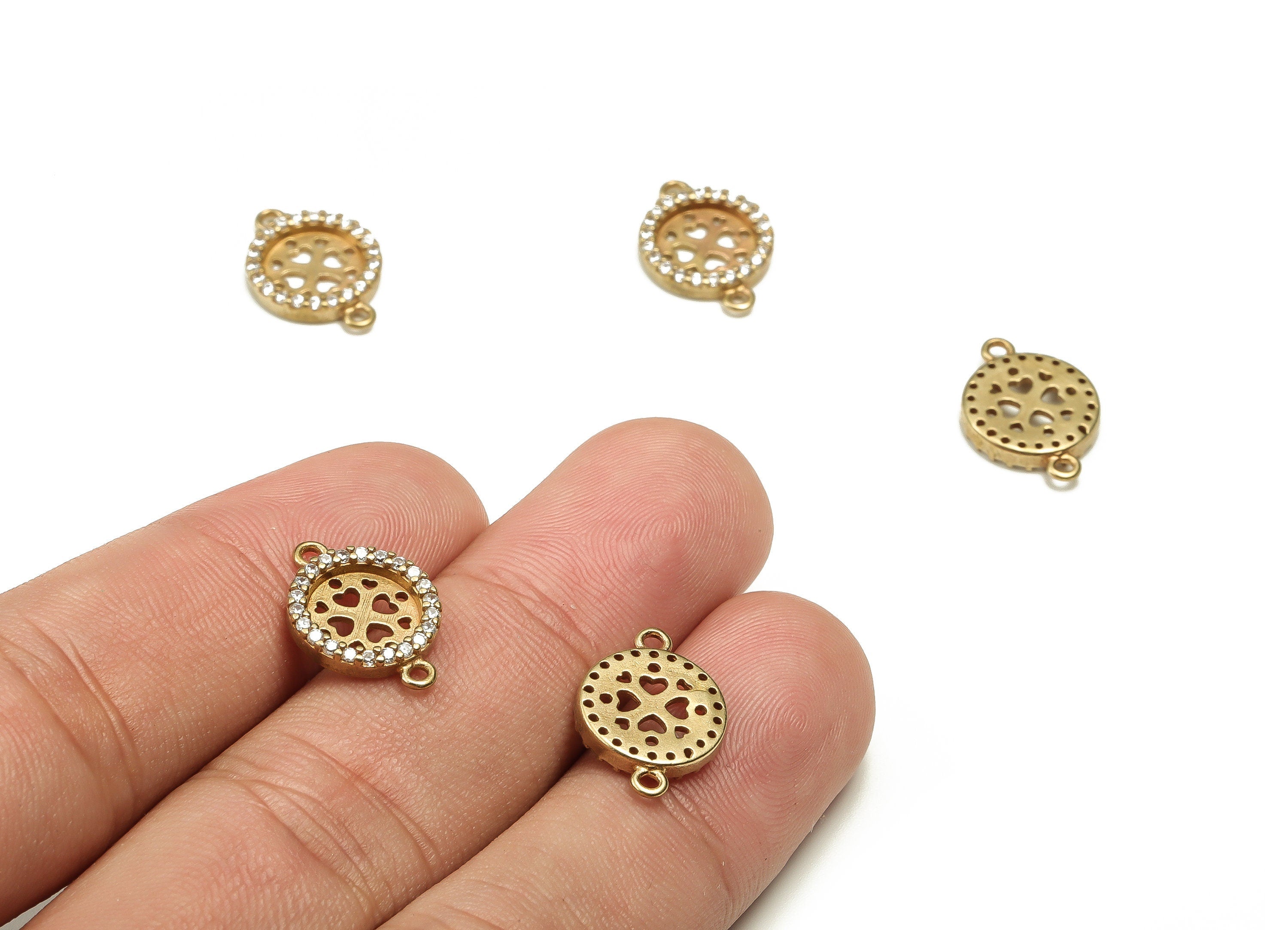 Raw Brass Circle Charms - Brass Earring Connector With Zircon - Brass Round Pendant - Jewelry Making Supplies - 15.75x11.14x2.23mm - PP4452 - DOMEDBAZAAR