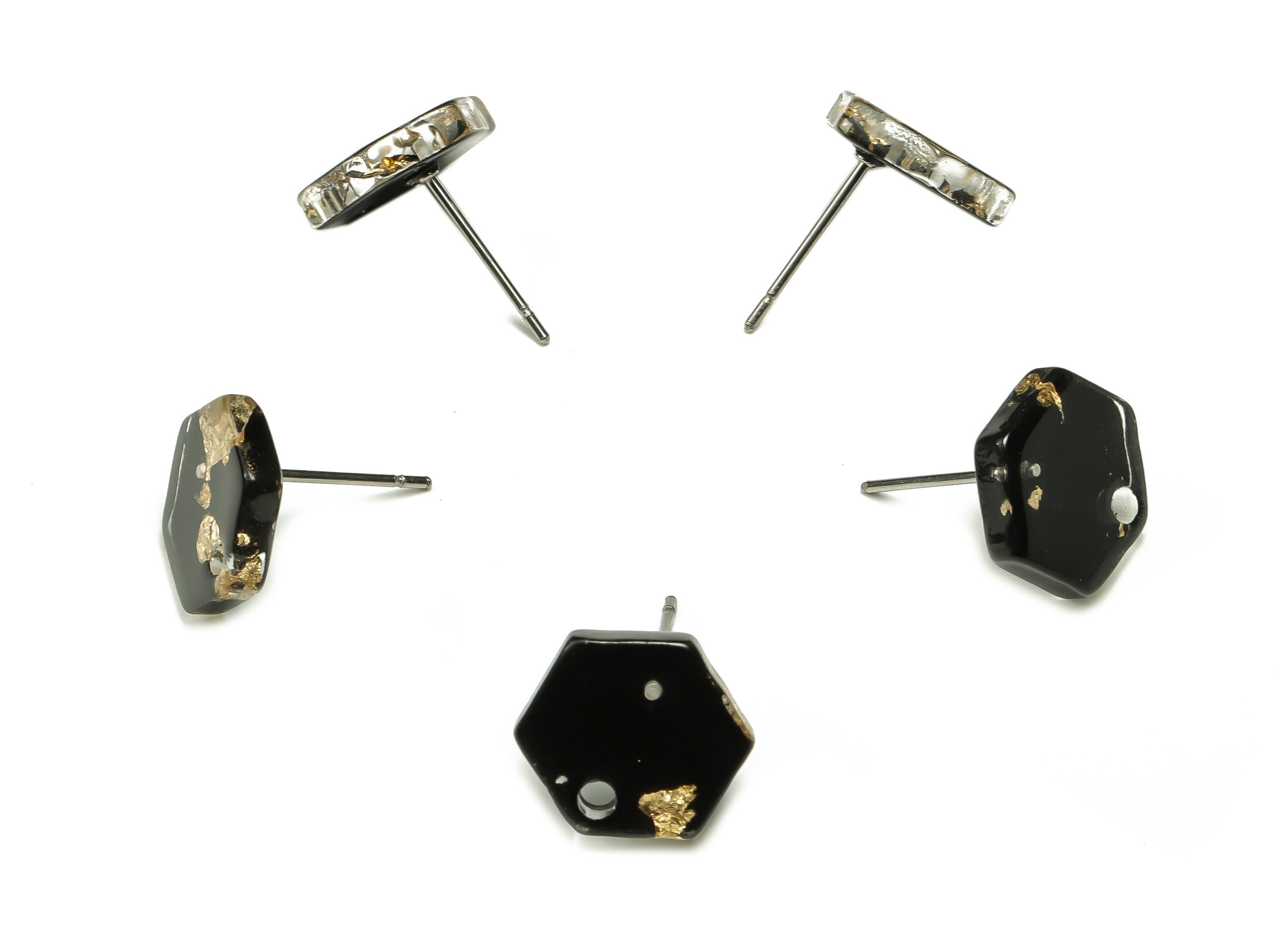 Acrylic Hexagon Earring Stud - Hexagon Earring Post - Black Gold Foil - Jewelry Supplies - Color Code: A440 - 12.47x11.9x2.6mm - AC1633-A440 - DOMEDBAZAAR