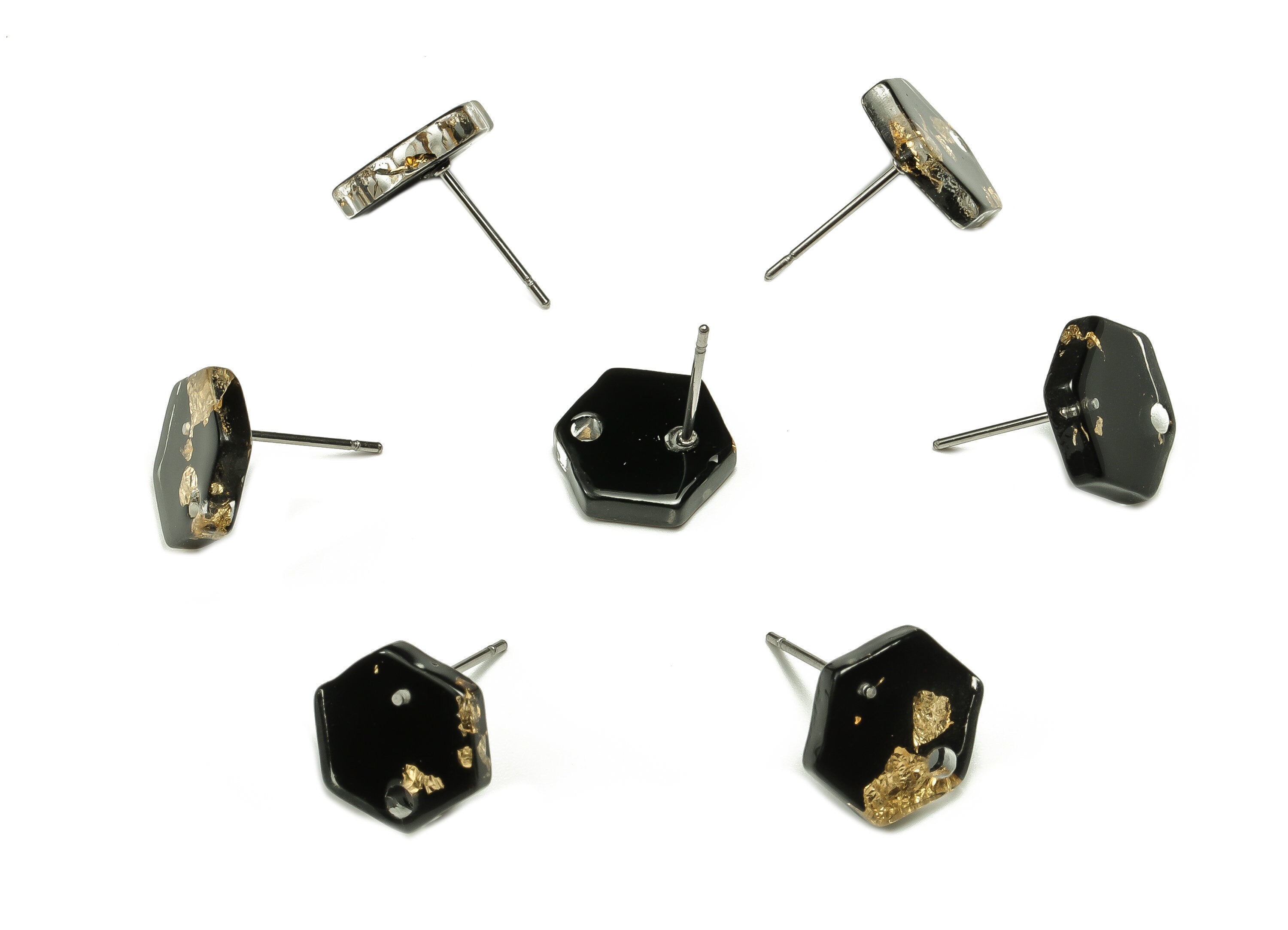 Acrylic Hexagon Earring Stud - Hexagon Earring Post - Black Gold Foil - Jewelry Supplies - Color Code: A440 - 12.47x11.9x2.6mm - AC1633-A440 - DOMEDBAZAAR