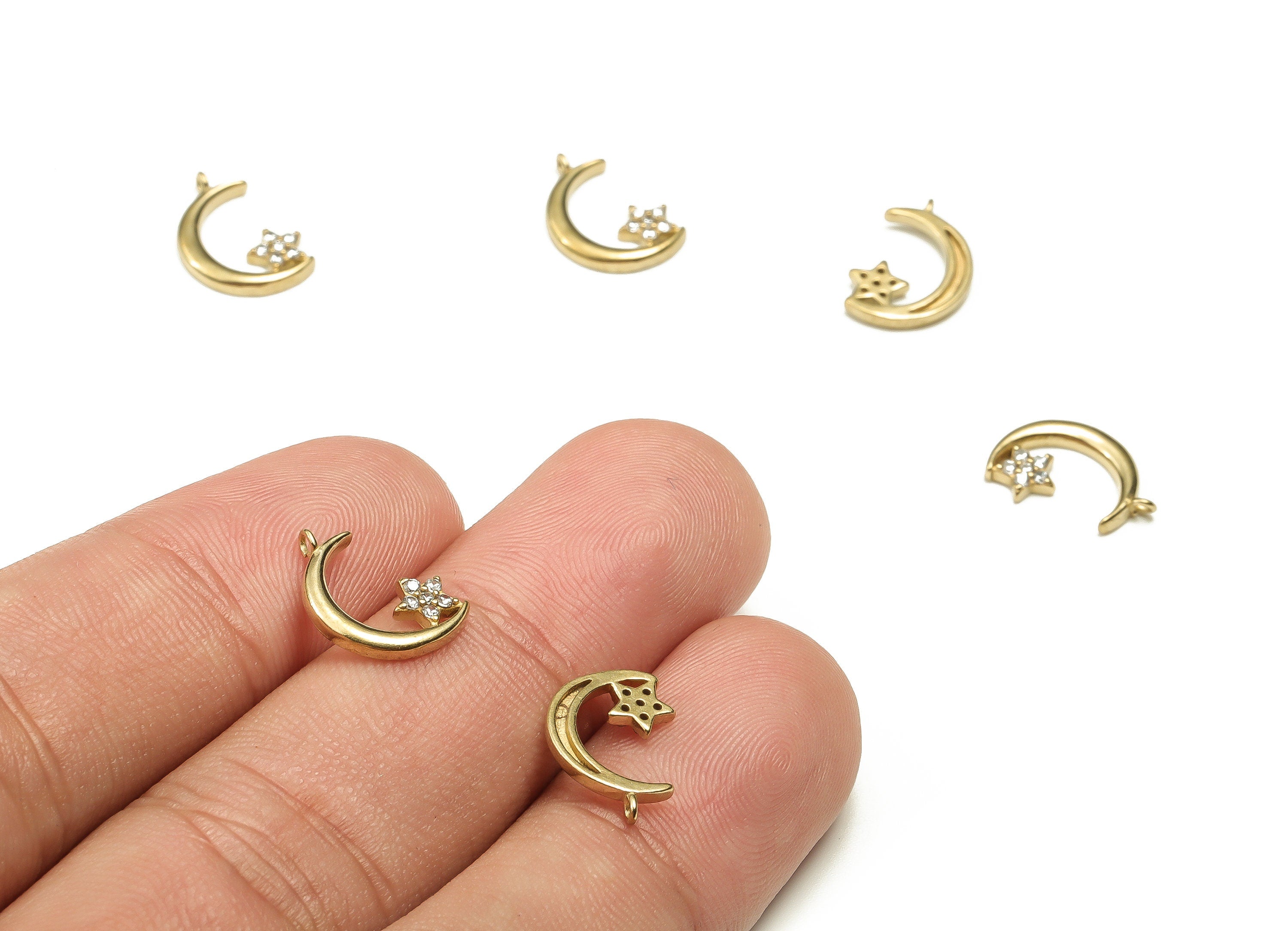 Brass Crescent Earring Charms With Zircons - Raw Brass Moon Star Pendant -  Earring Finding - Jewellery Supplies - 12.8x8.8x1.6mm - PP4447 - DOMEDBAZAAR
