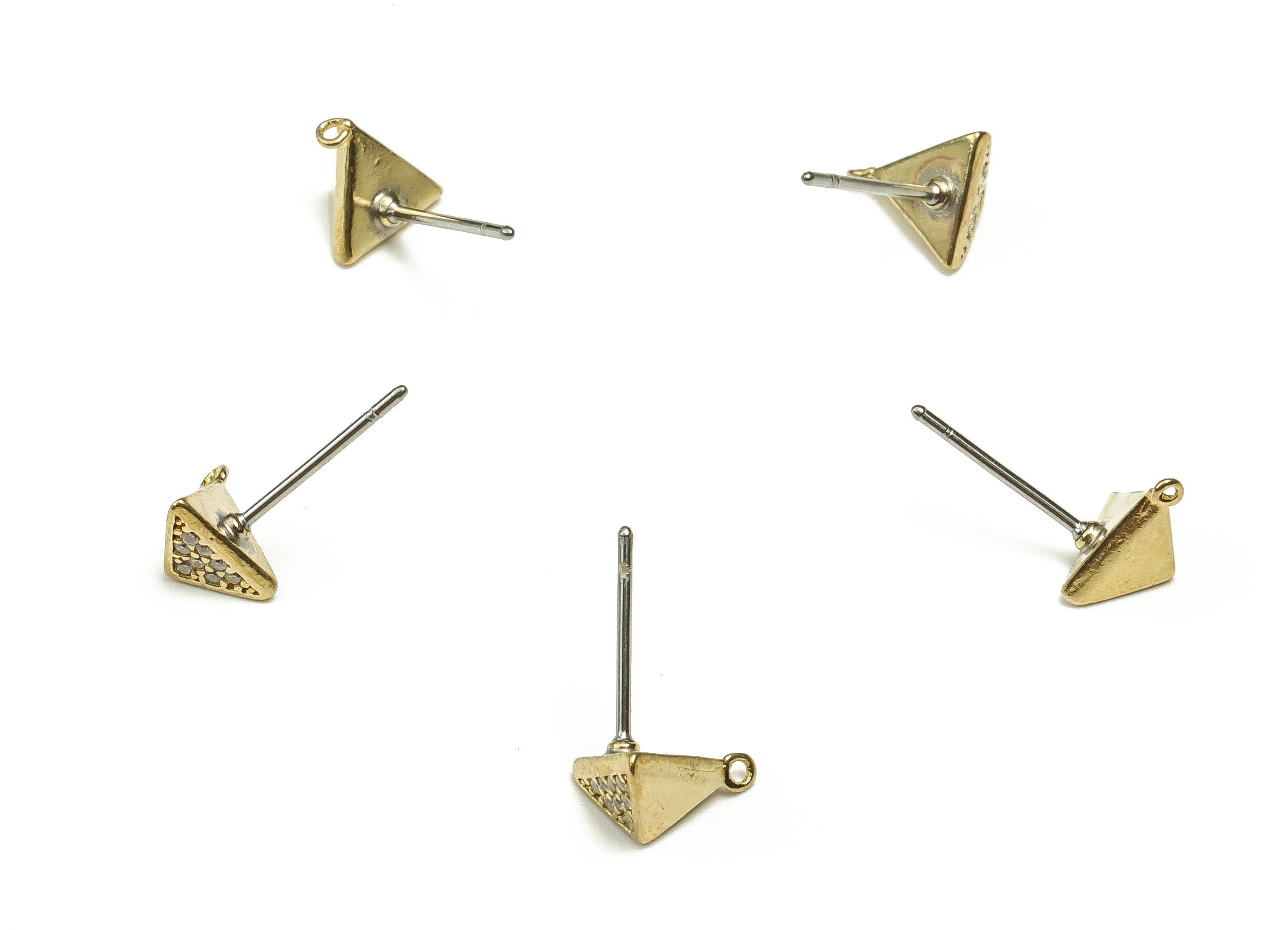 Brass Pyramid Earring Studs With Zircons - Raw Brass Triangle Earring Posts - Brass Stud - Jewelry Supplies - 8.34x7.4x5.25mm - PP4462 - DOMEDBAZAAR
