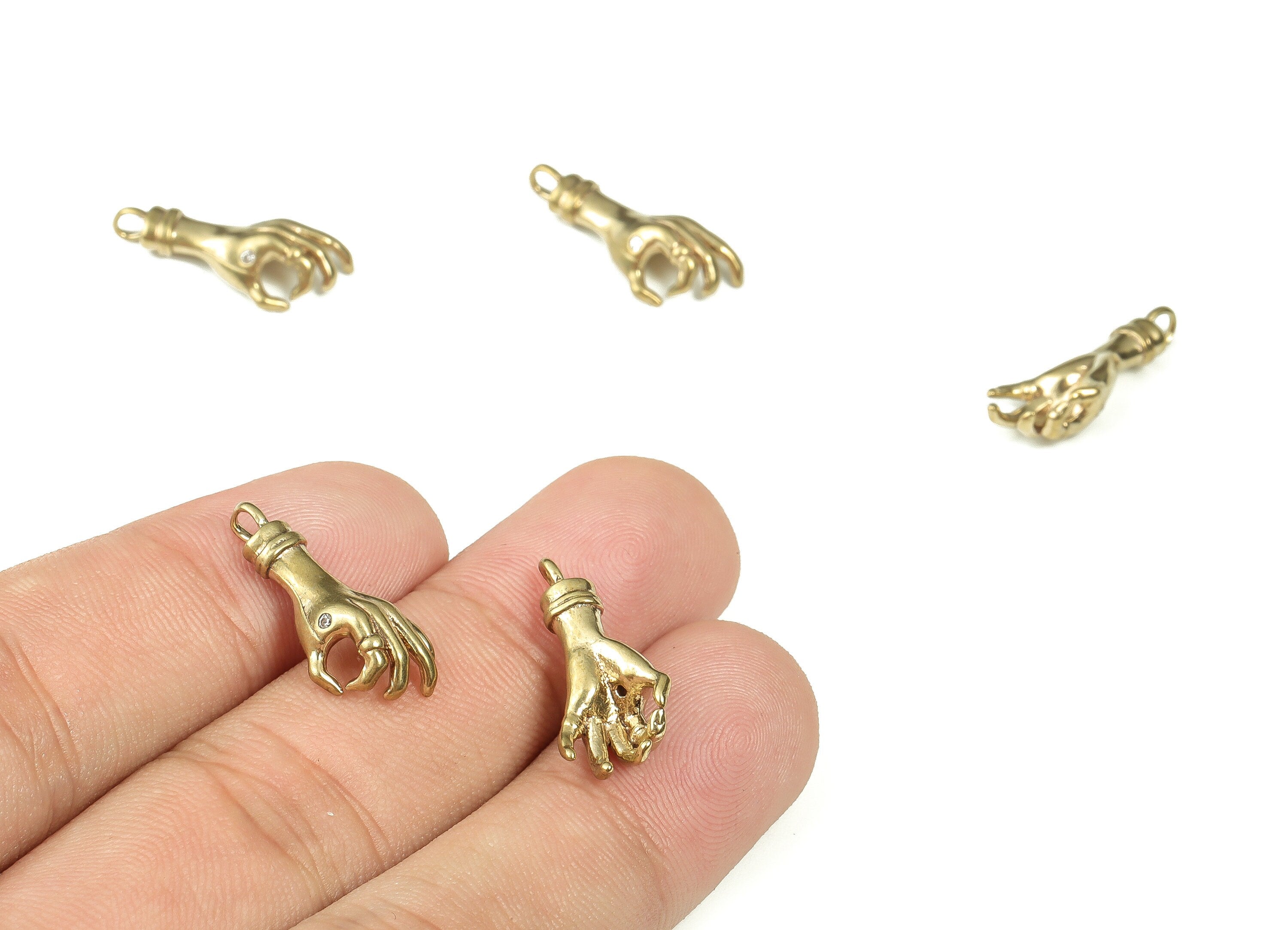 Brass Hand Earring Charms With Zircon - Raw Brass Hand Pendant - Earrings Finding - Jewelry Making Supplies - 21.21x9.88x2.7mm - PP4372 - DOMEDBAZAAR