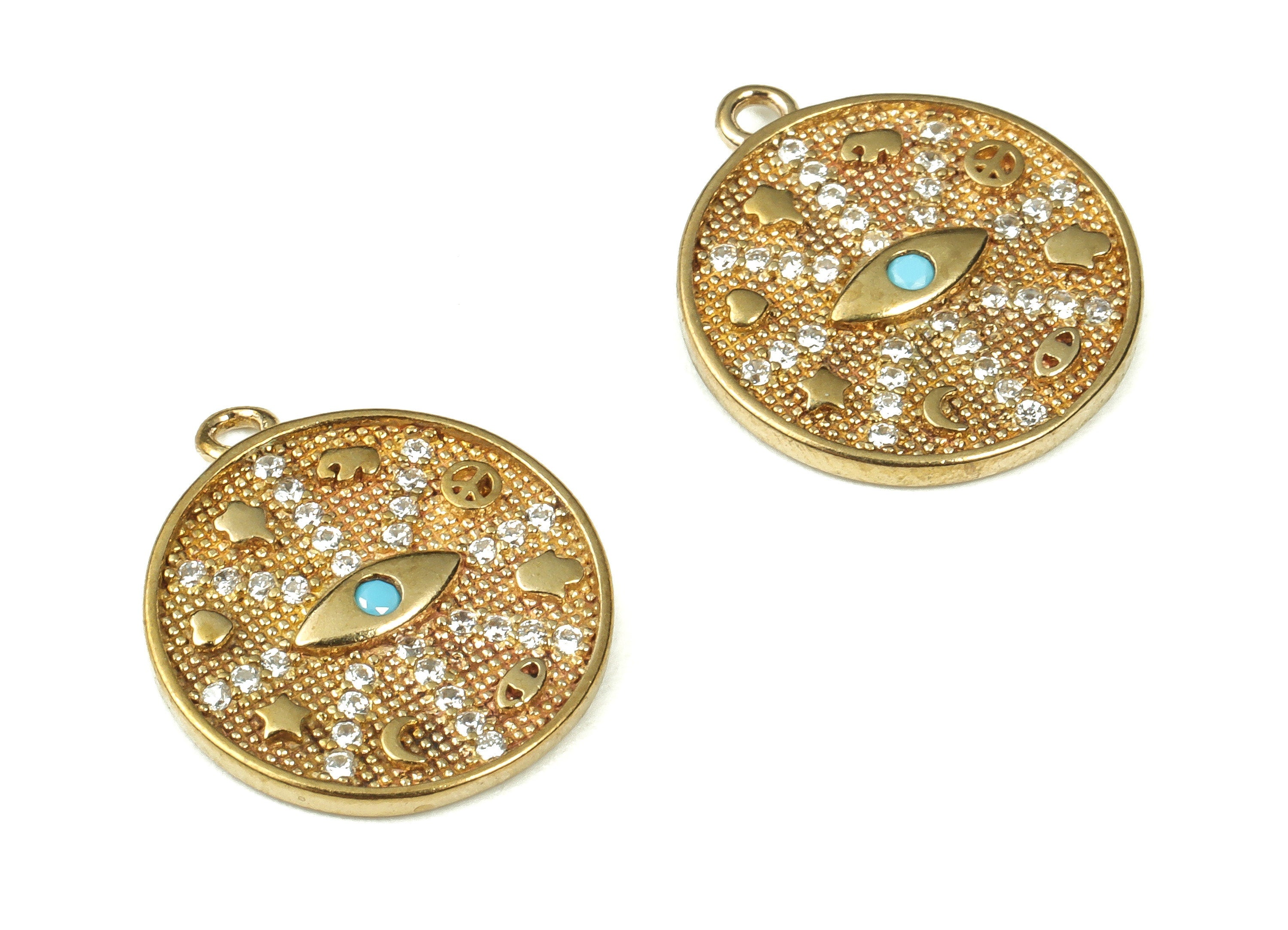 Raw Brass Round Eye Charms – Zircon Evil Eye Charm - Brass Pendant Charms - Earrings Charms – Jewelry Supplies - 16.96x14.81x1.mm - PP4405 - DOMEDBAZAAR