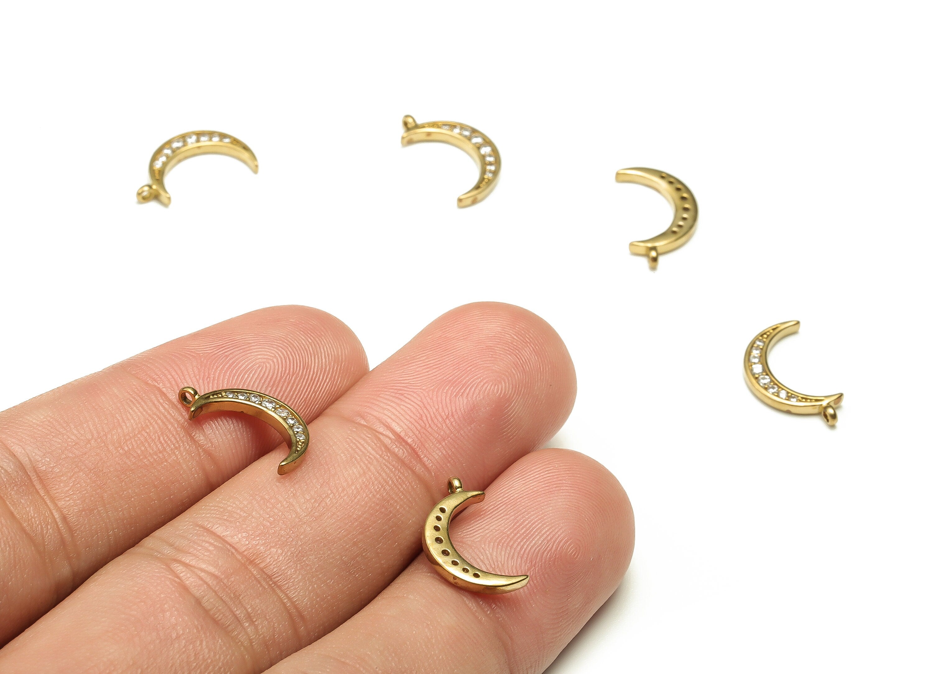 Brass Crescent Earring Charms With Zircons - Raw Brass Moon Pendant - Earring Finding - Jewelry Making Supplies - 14.22x8.37x1.51mm - PP4562 - DOMEDBAZAAR