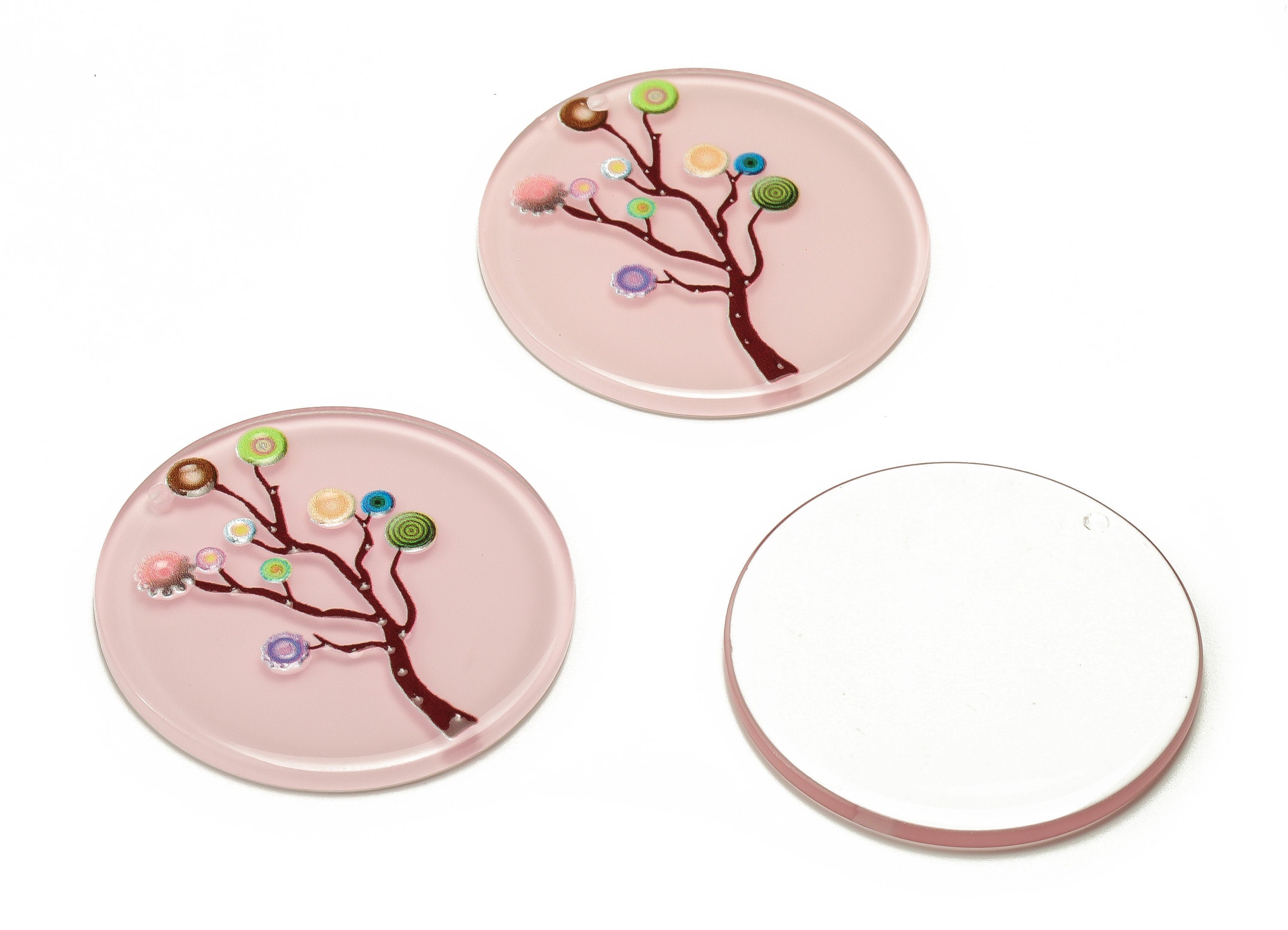 Acrylic Round Tree Earring Charms - Acrylic Pink Round Tree Pendant - Jewelry Making Supplies- Earring Finding - 35.24x29.71x1.99mm - AC2309 - DOMEDBAZAAR