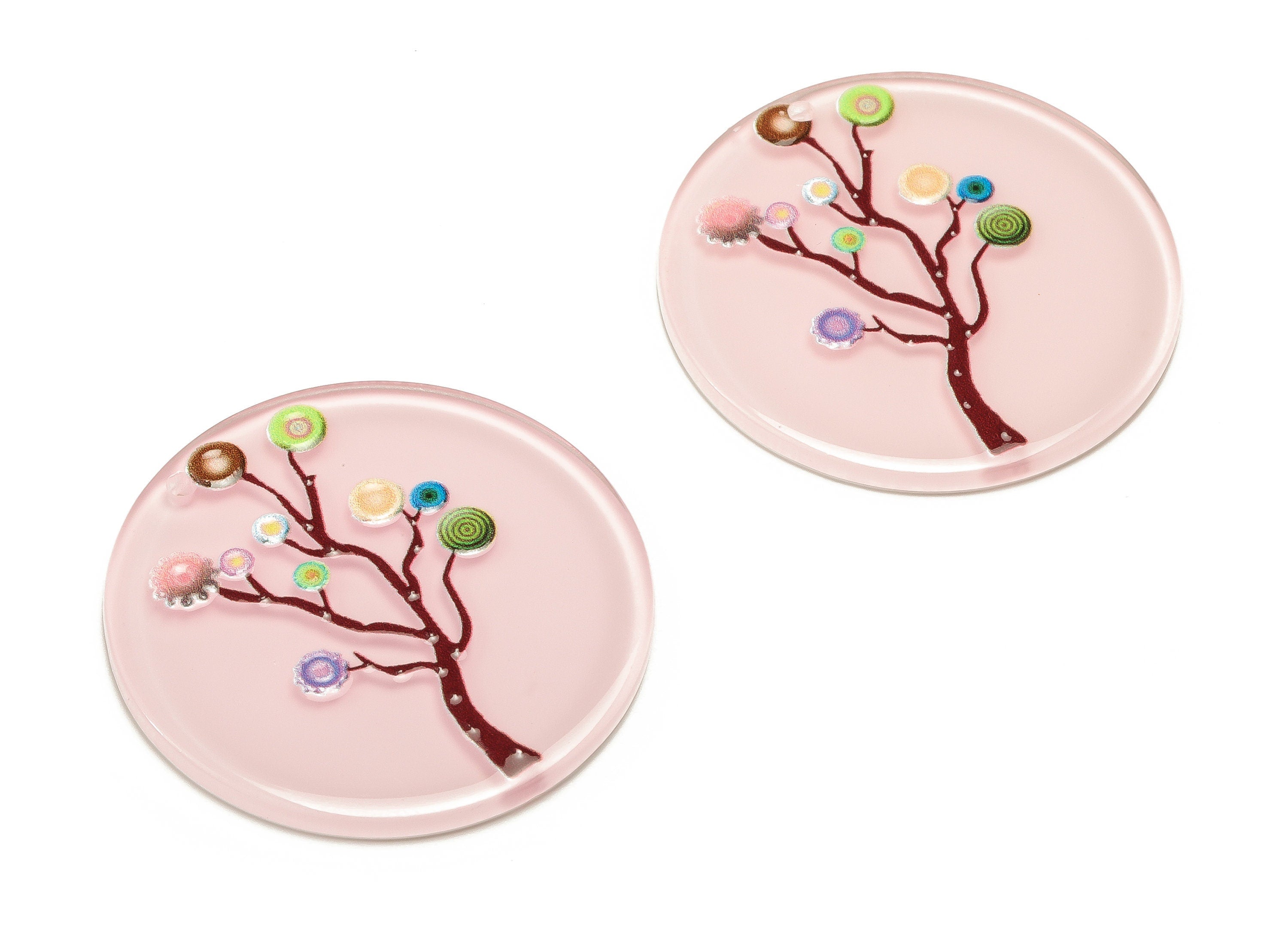 Acrylic Round Tree Earring Charms - Acrylic Pink Round Tree Pendant - Jewelry Making Supplies- Earring Finding - 35.24x29.71x1.99mm - AC2309 - DOMEDBAZAAR