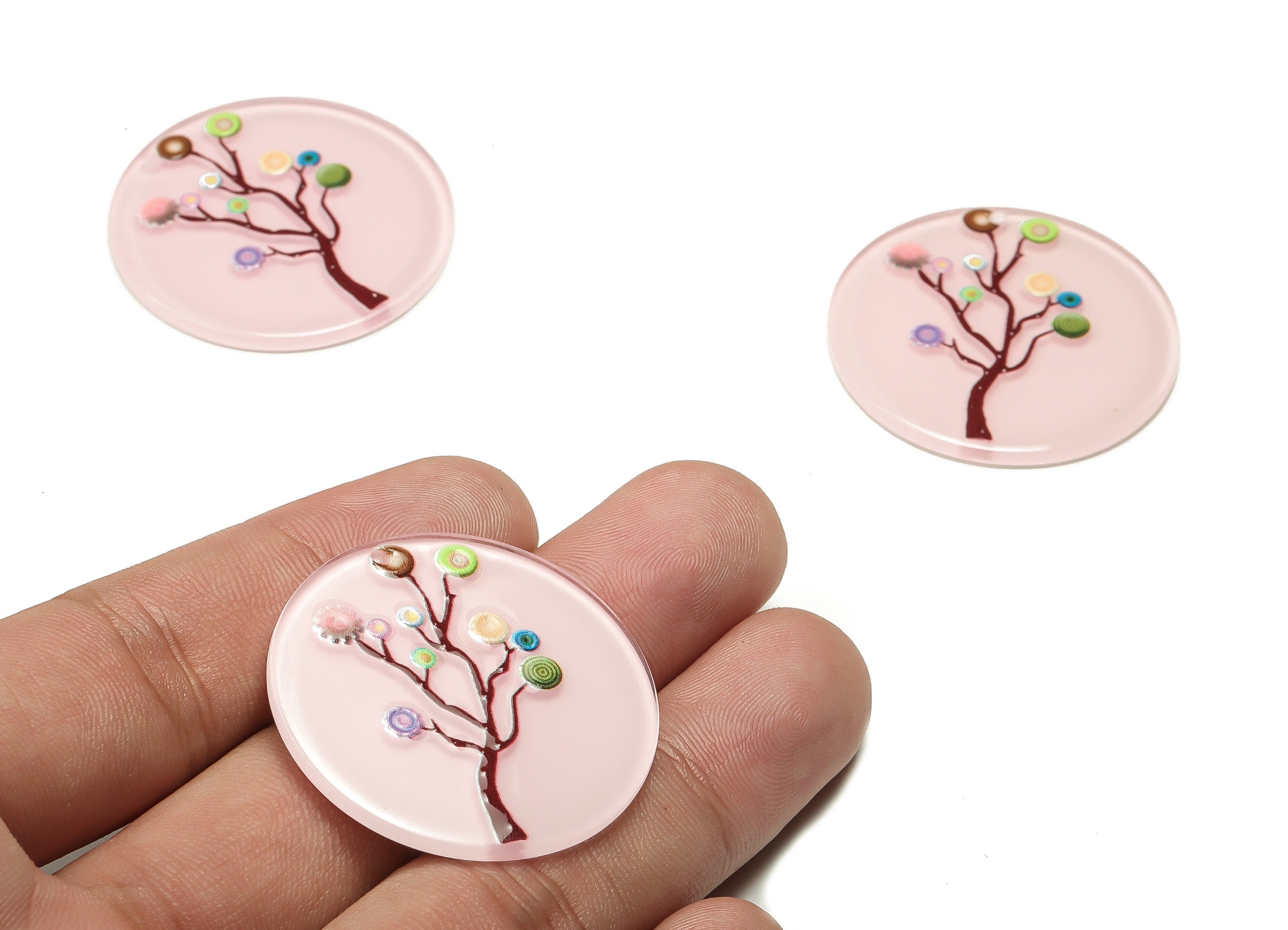 Acrylic Round Tree Earring Charms - Acrylic Pink Round Tree Pendant - Jewelry Making Supplies- Earring Finding - 35.24x29.71x1.99mm - AC2309 - DOMEDBAZAAR