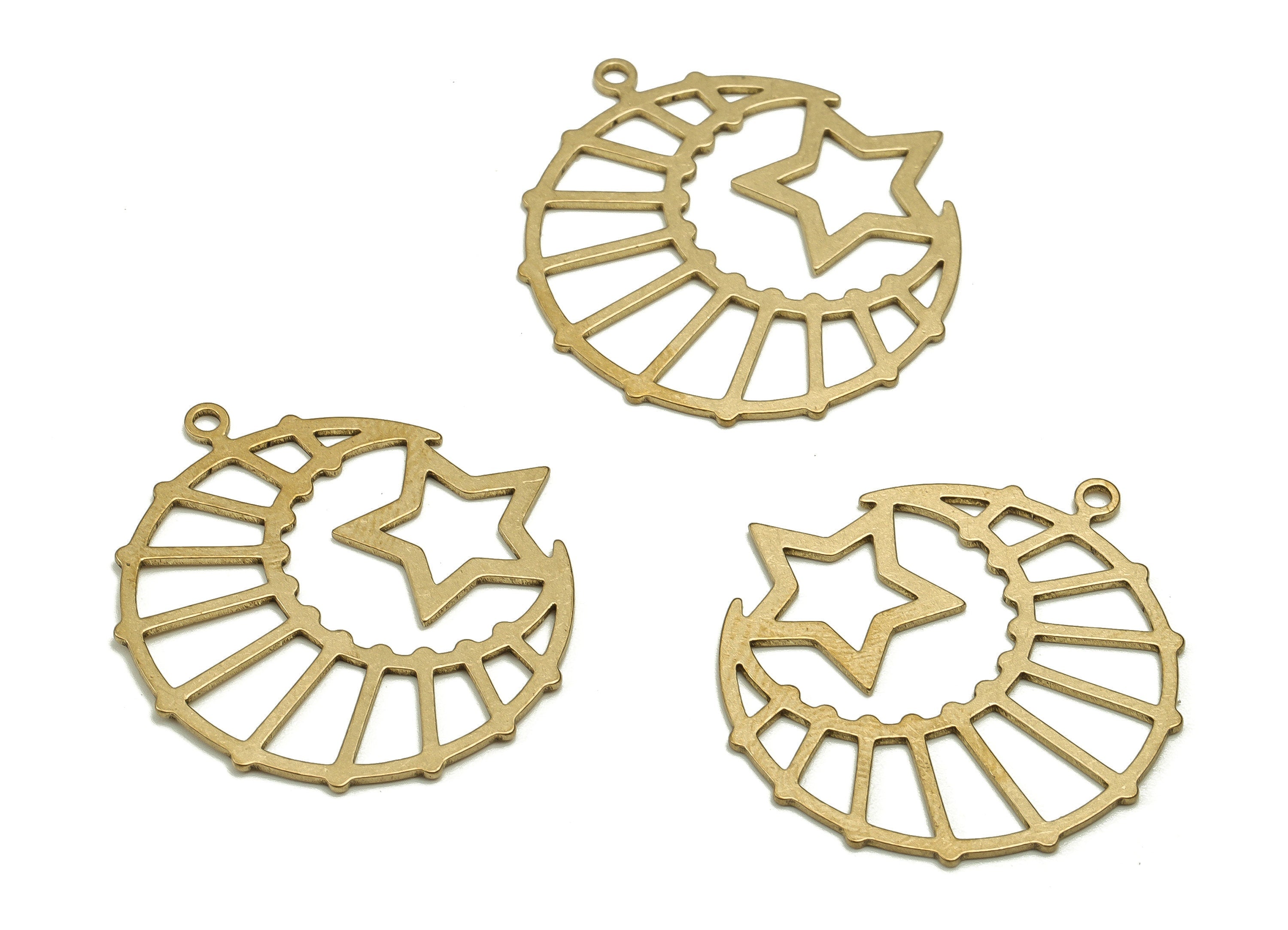 Brass Crescent Earring Charms - Raw Brass Moon Star Pendant - Earring Findings - Jewelry Making Supplies - 28.8x27.6x0.8mm - PP4592 - DOMEDBAZAAR