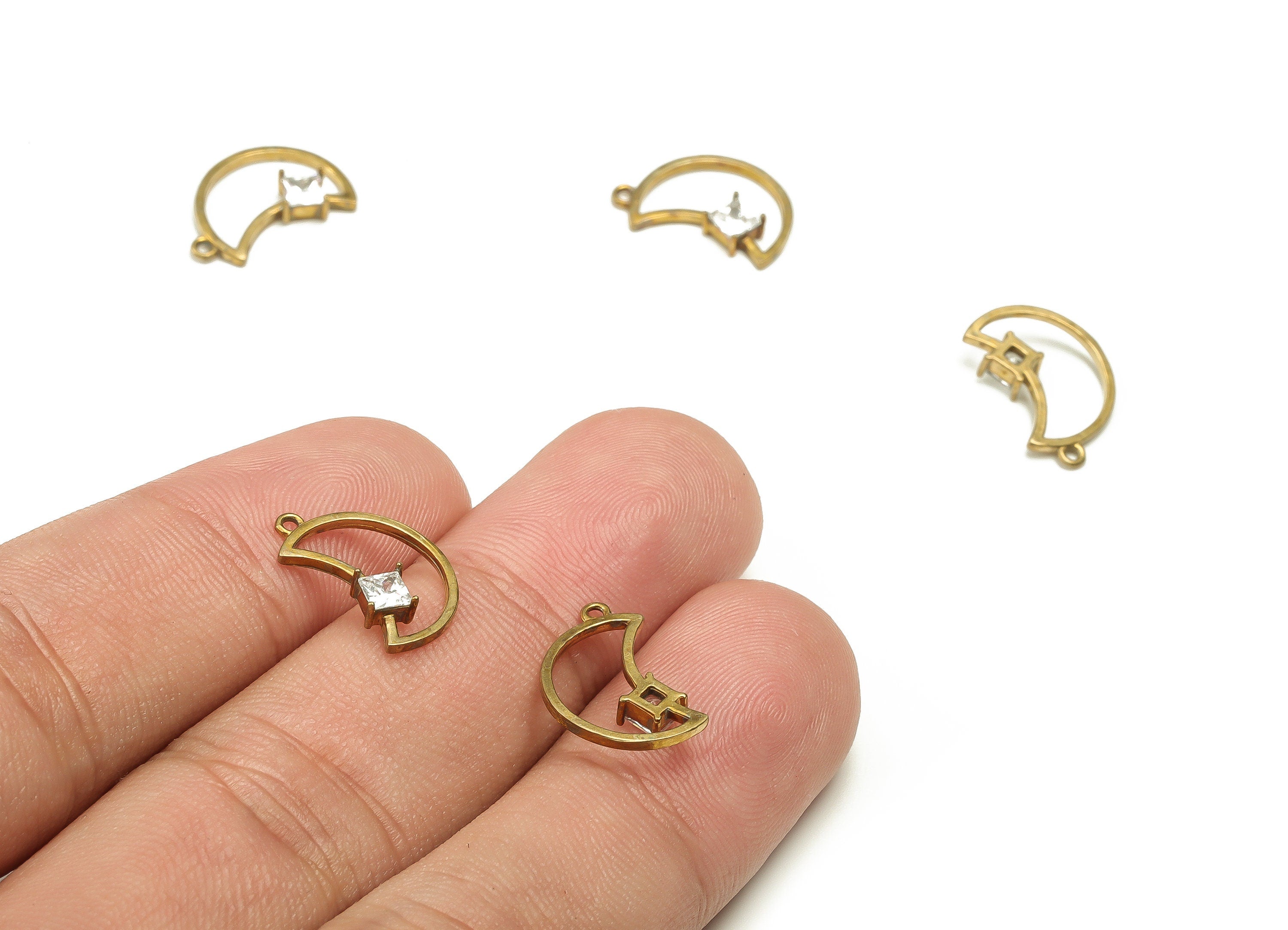 Brass Crescent Earring Charms With Zircon - Raw Brass Moon Pendant - Earrings Finding - Jewelry Making Supplies - 14.65x9.75x2.33mm - PP4643 - DOMEDBAZAAR