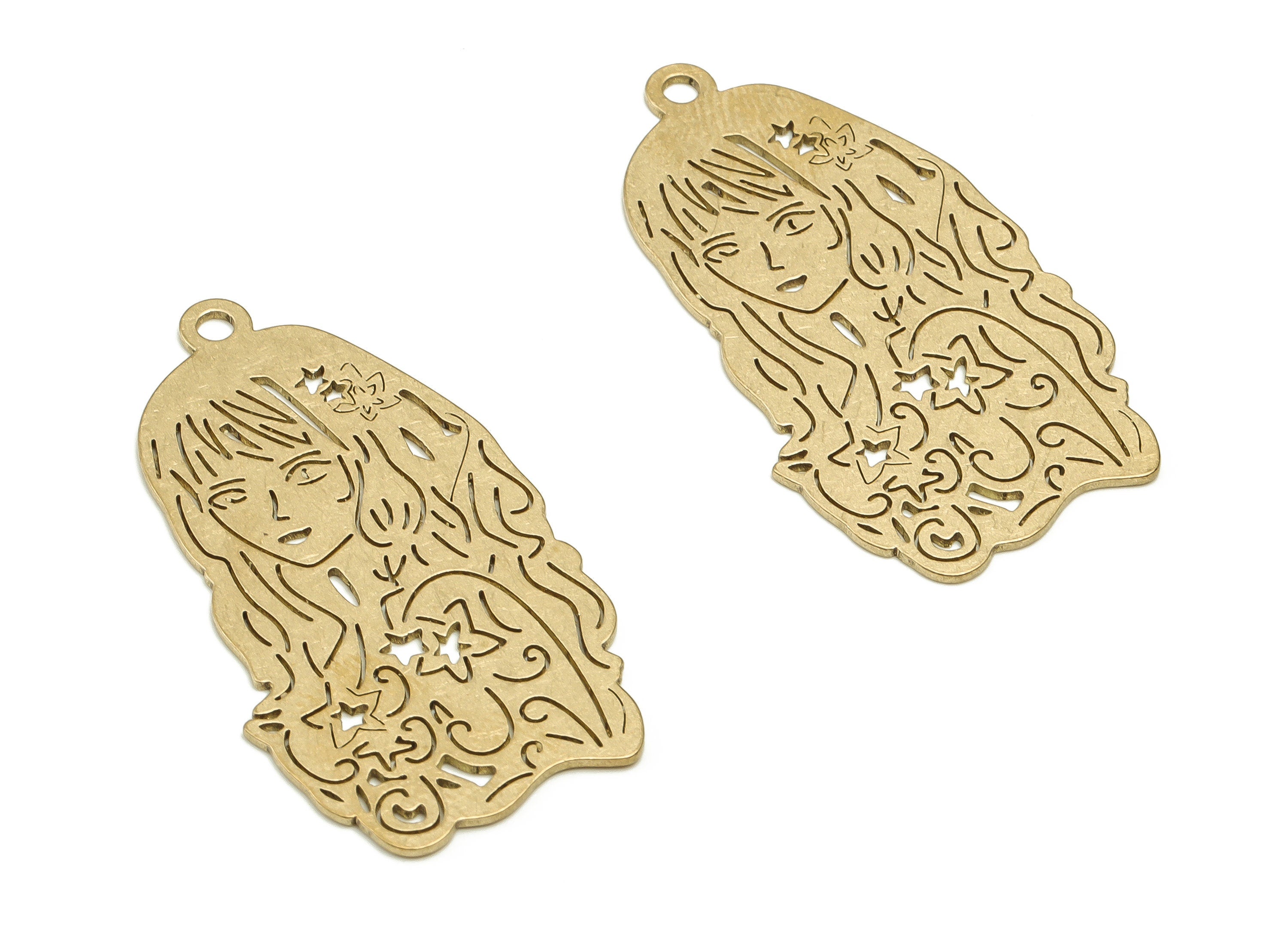 Brass Maiden Earring Charms - Raw Brass Maiden Pendant - Earring Findings - Jewelry Making Supplies - 37.8x20.6x0.8mm - PP4591 - DOMEDBAZAAR
