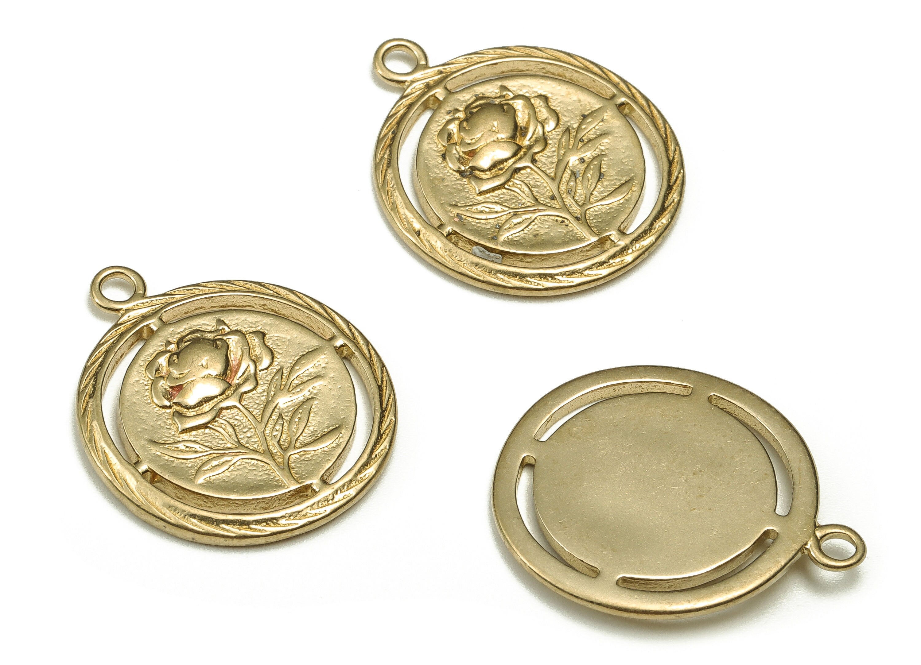 Brass Round Earring Charms - Raw Brass Rose Flower Pendant - Earring Findings - Jewelry Making Supplies - 22.09x18.77x1.92mm - PP4669 - DOMEDBAZAAR
