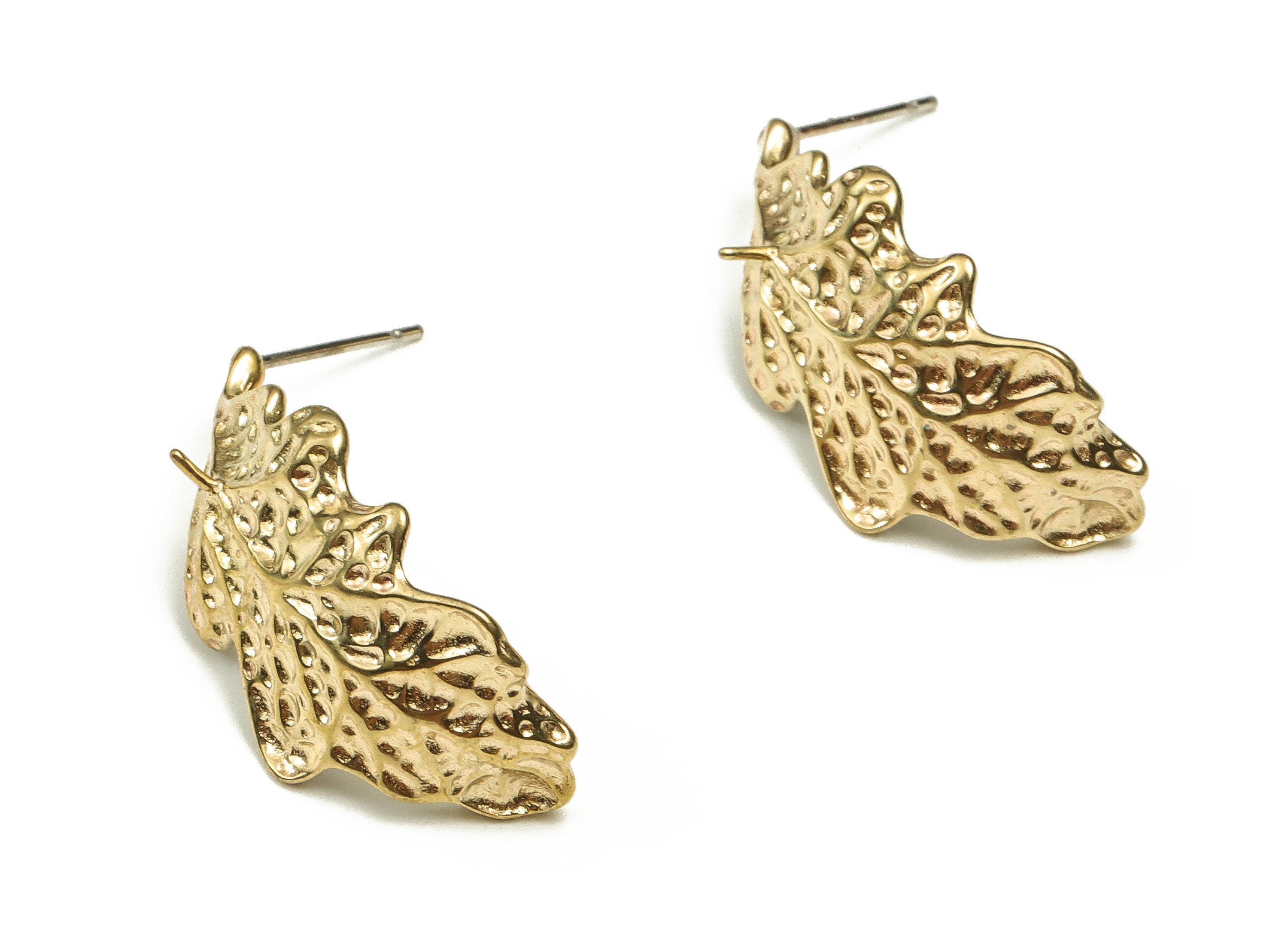 Brass Leaves Earring Stud - Raw Brass Leaves Earring Post - Stainless Steel Stud - Jewelry Making Supplies - 28.78x14.31x2.17mm - PP4663 - DOMEDBAZAAR