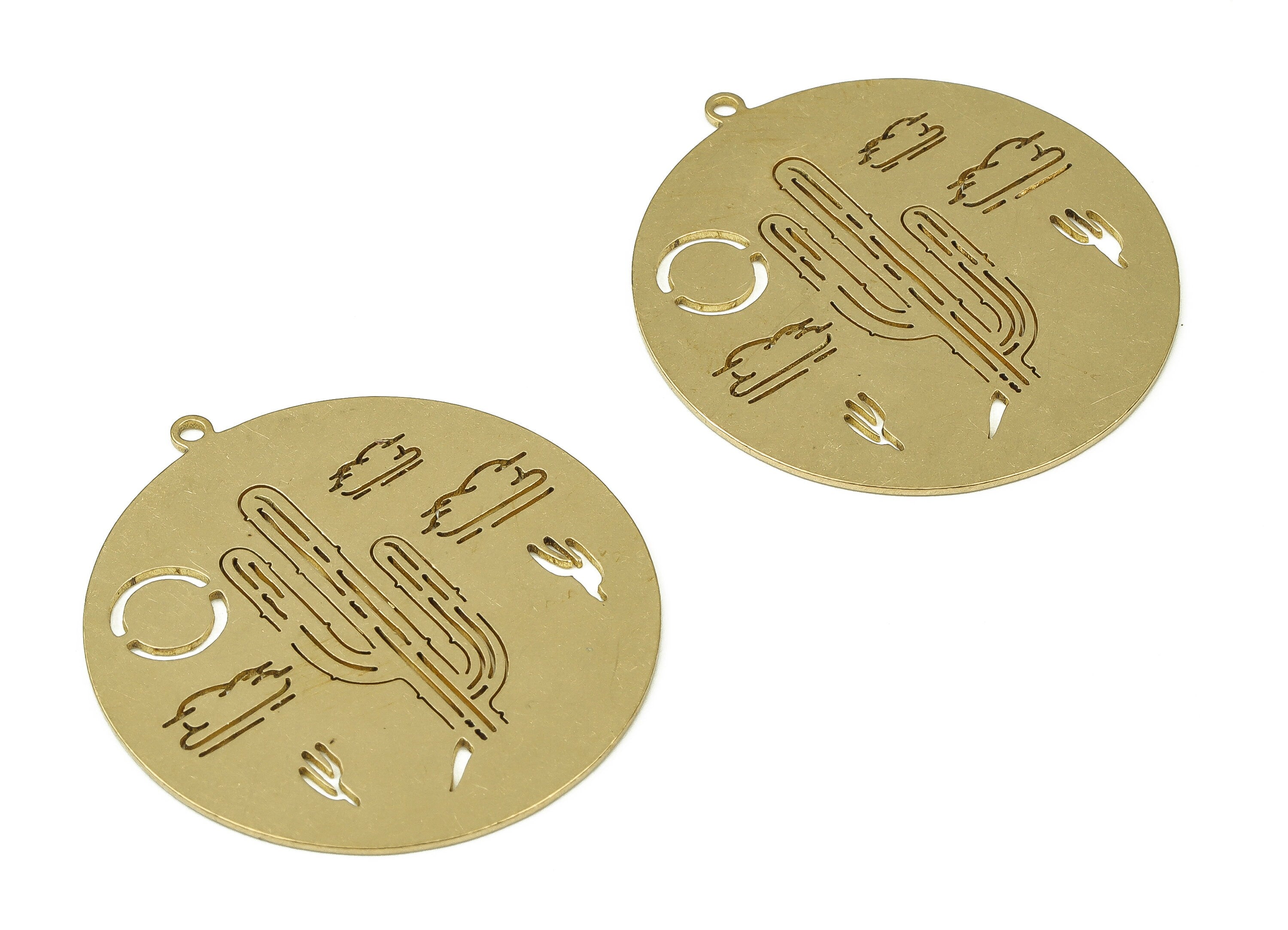 Brass Round Cactus Earring Charms - Raw Brass Cloud Pendant Charm - Earring Findings - Jewelry Making Supplies - 37.39x34.94x0.7mm - PP4323 - DOMEDBAZAAR