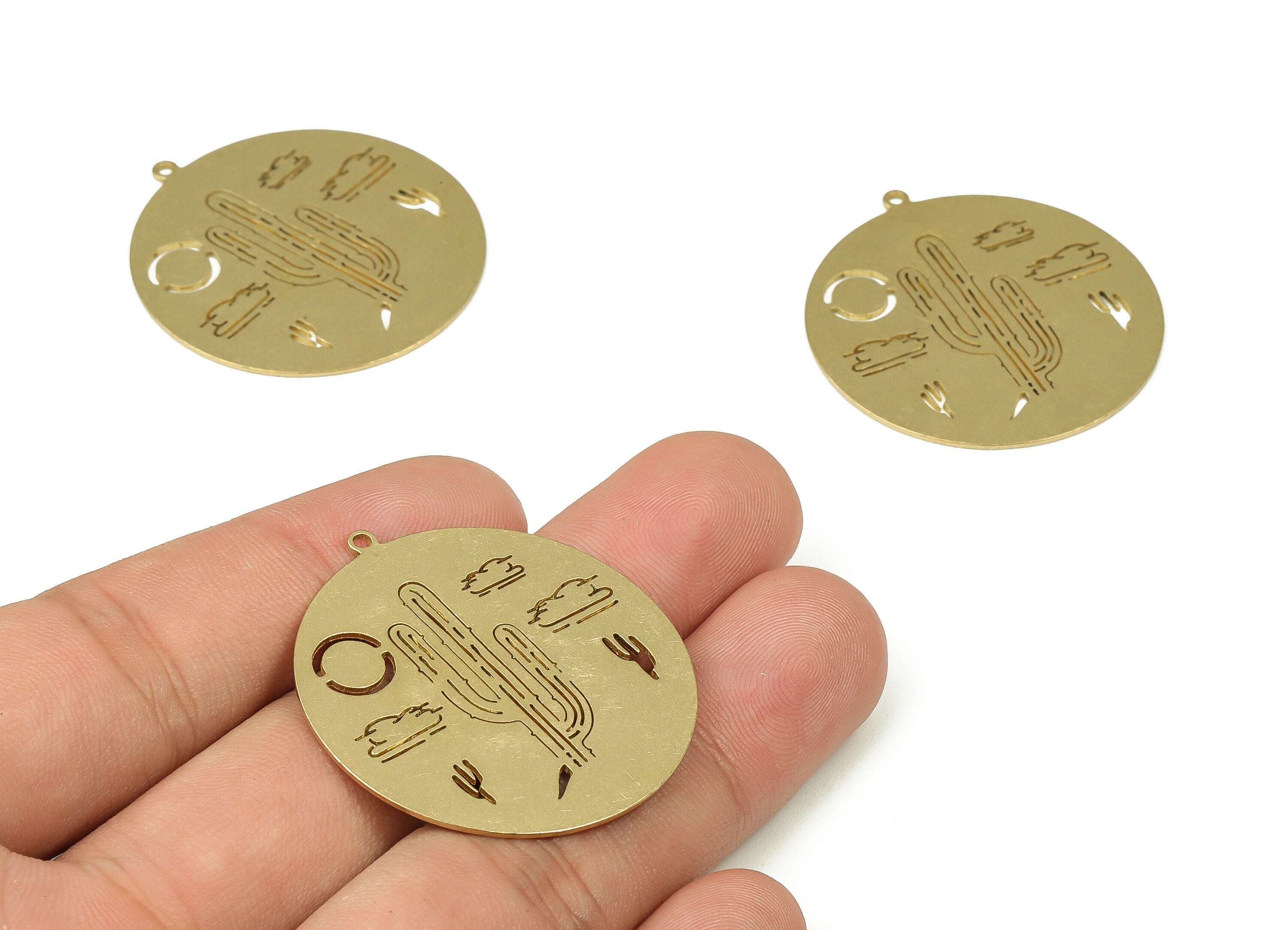 Brass Round Cactus Earring Charms - Raw Brass Cloud Pendant Charm - Earring Findings - Jewelry Making Supplies - 37.39x34.94x0.7mm - PP4323 - DOMEDBAZAAR