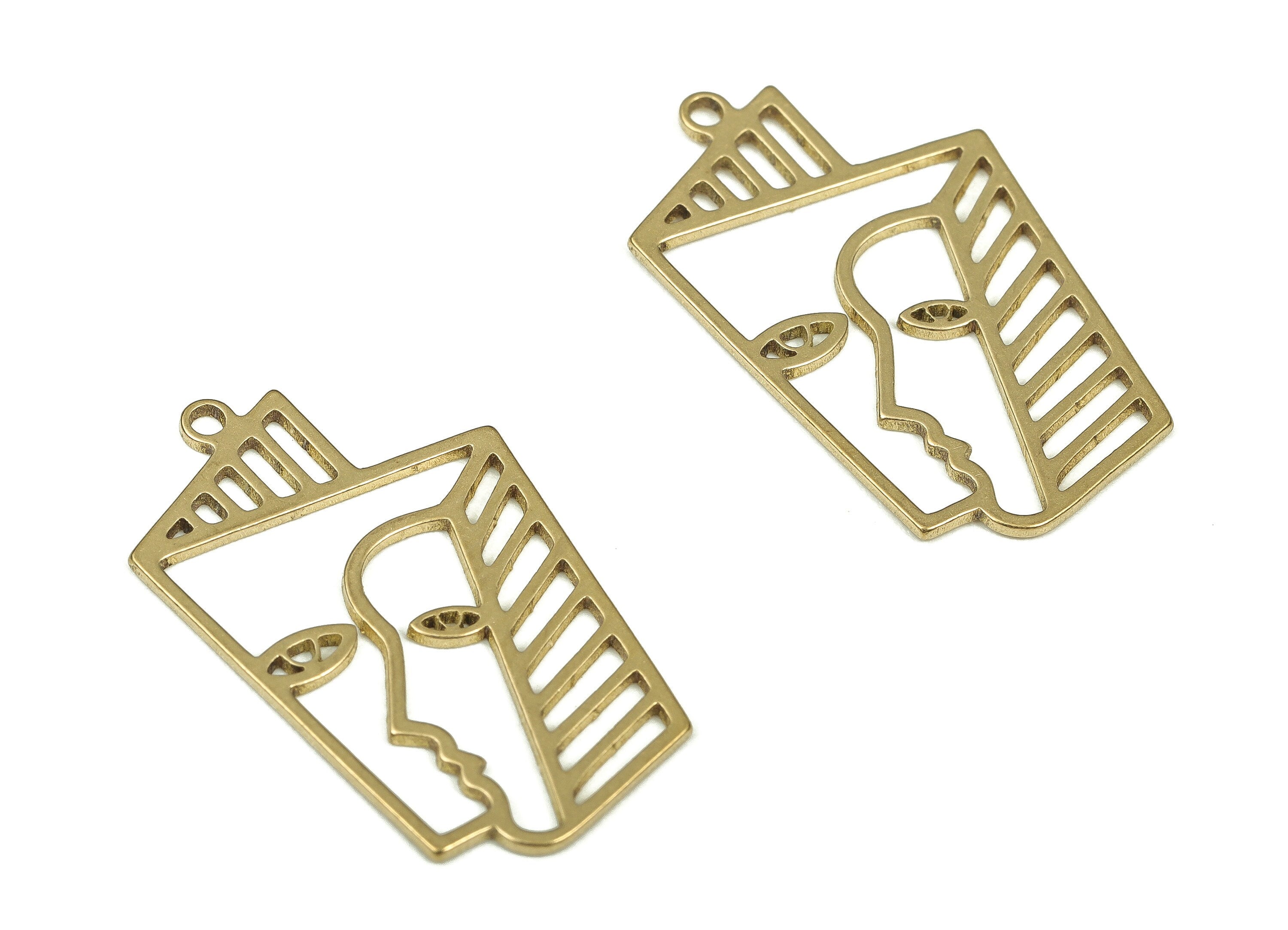 Raw Brass Double Face Earring Charm – Brass Lady Face Pendants - Raw Brass Earrings - Jewellery Making Supplies - 23.36x14.41x0.7mm - PP4275 - DOMEDBAZAAR