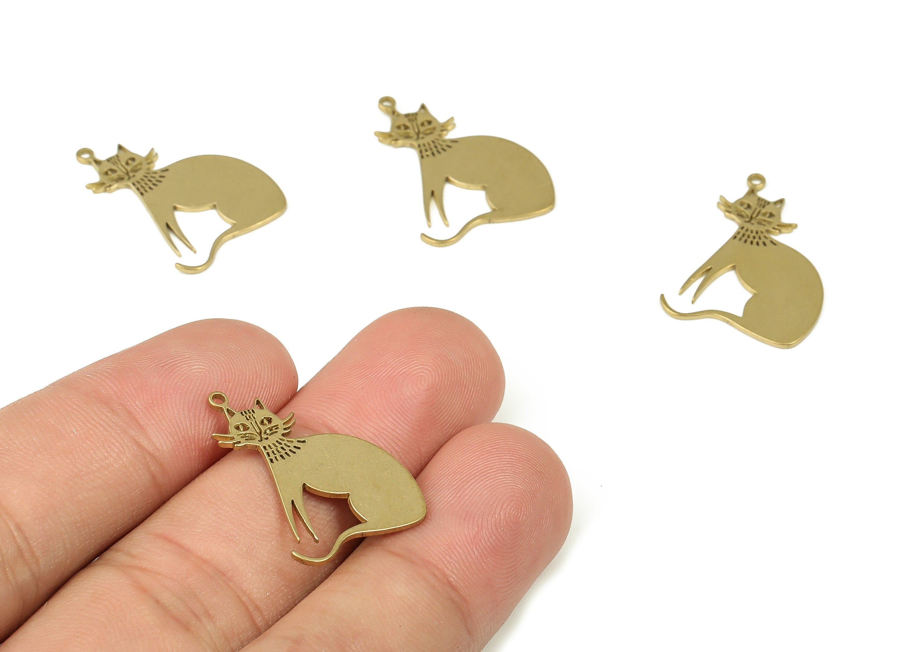 Personalized stamping blank - Raw Brass Cat Earring Charms - Brass Cat Pendant Charms - Raw Brass Earring Findings  -25.47x17.92x1mm- PP4331 - DOMEDBAZAAR