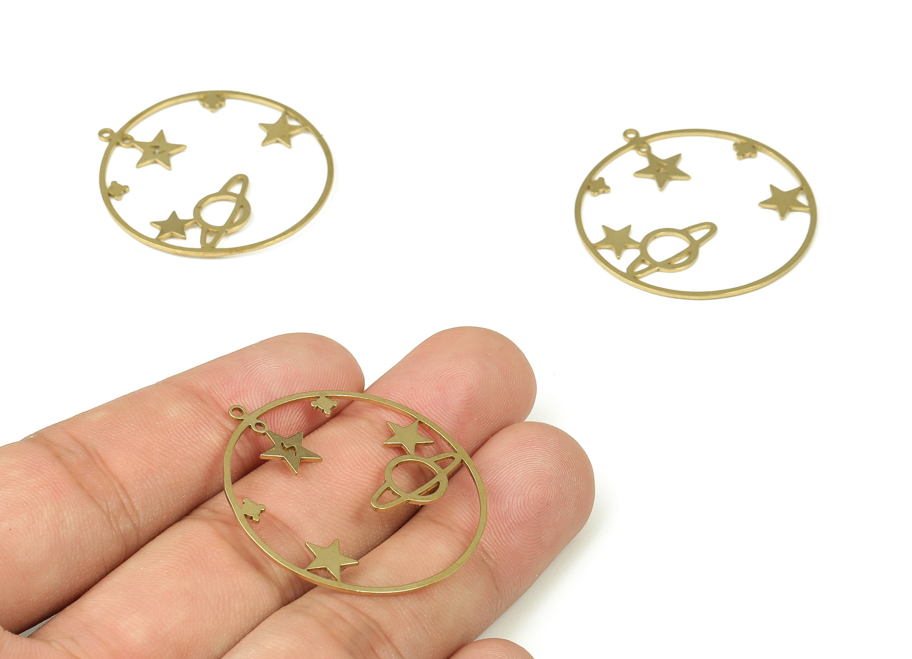 Brass Round Star Earring Charms - Raw Brass Circle Universe Pendant - Earrings Finding - Jewelry Making Supplies - 35.65x32.9x0.7mm - PP4488 - DOMEDBAZAAR