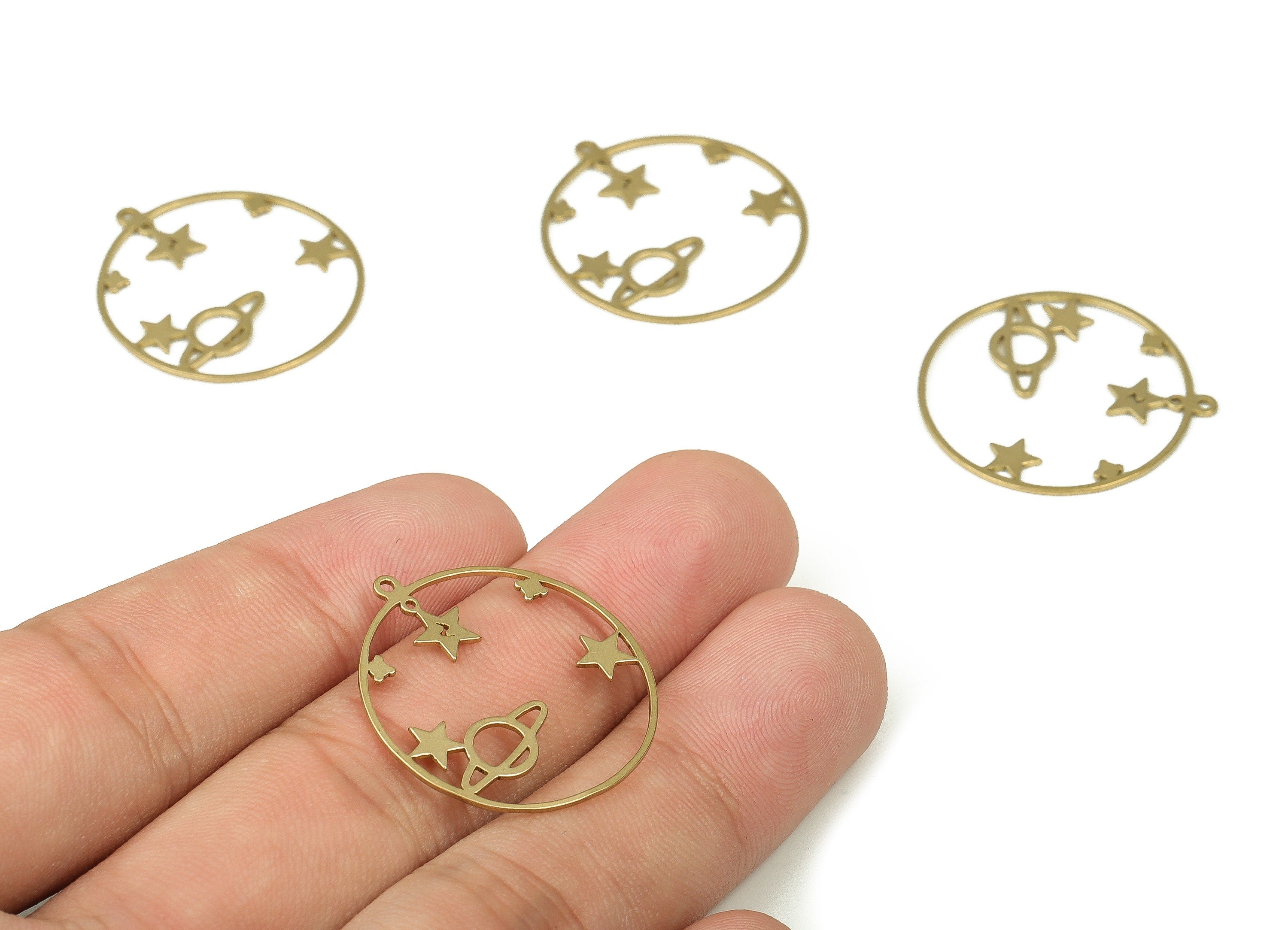 Brass Round Planet Earring Charms - Raw Brass Circle Universe Pendant - Earring Finding - Jewelry Making Supplies - 27.28x25x0.75mm - PP4287 - DOMEDBAZAAR