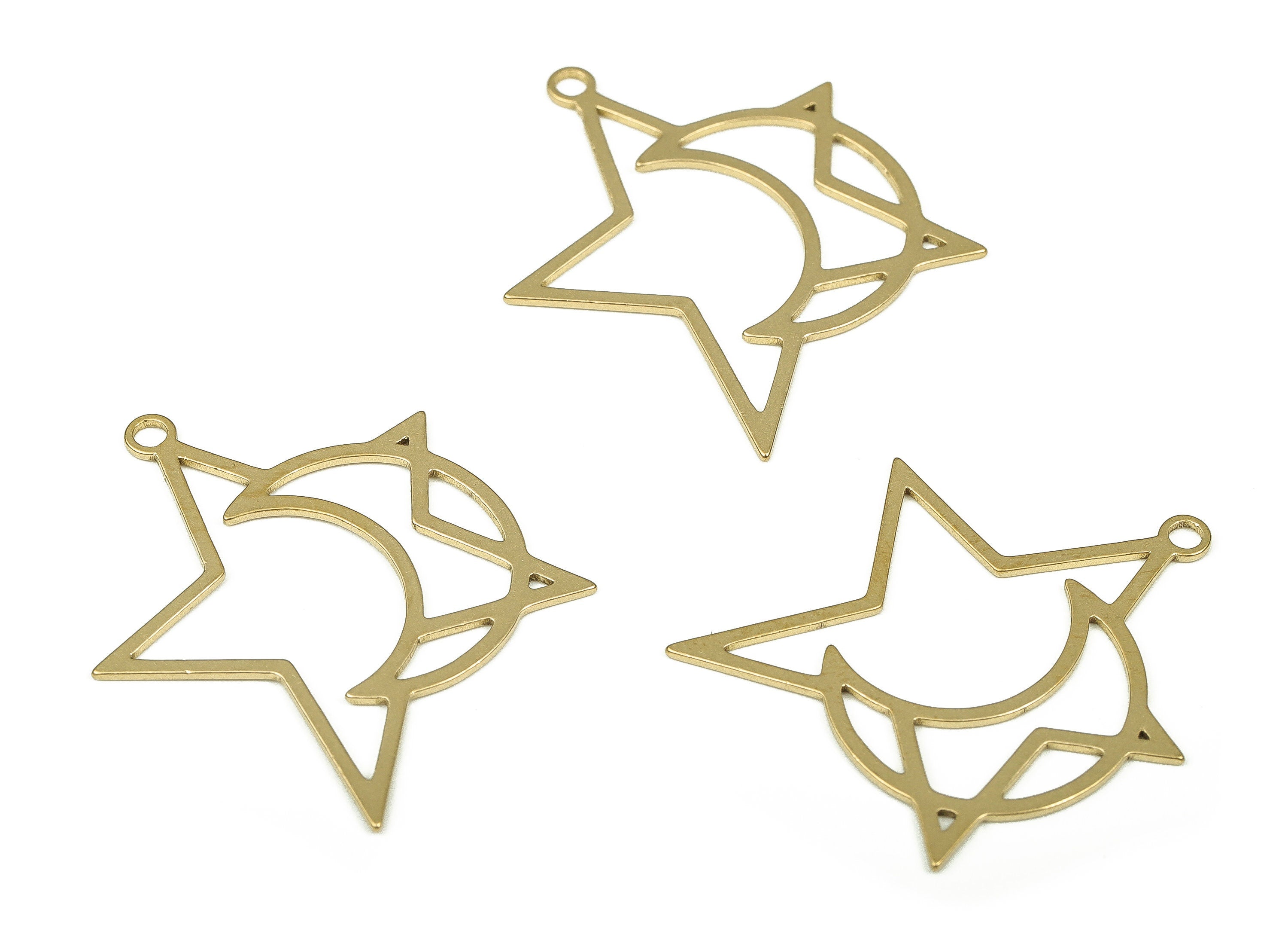 Raw Brass Star Earring Charms - Brass Crescent Pendant Charm - Brass Earring Findings - Jewelry Making Supplies -32.02x25.74x0.69mm- PP4350 - DOMEDBAZAAR