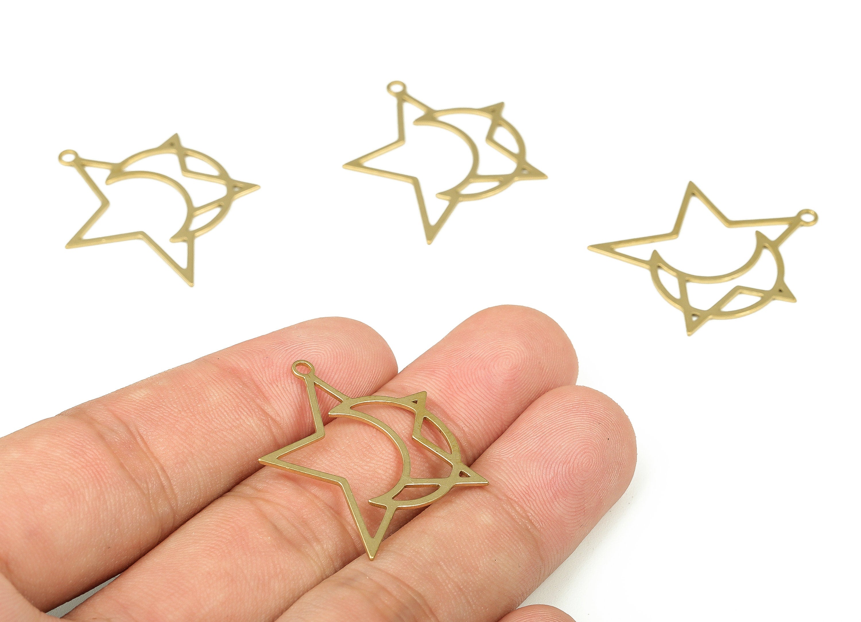 Raw Brass Star Earring Charms - Brass Crescent Pendant Charm - Brass Earring Findings - Jewelry Making Supplies -32.02x25.74x0.69mm- PP4350 - DOMEDBAZAAR