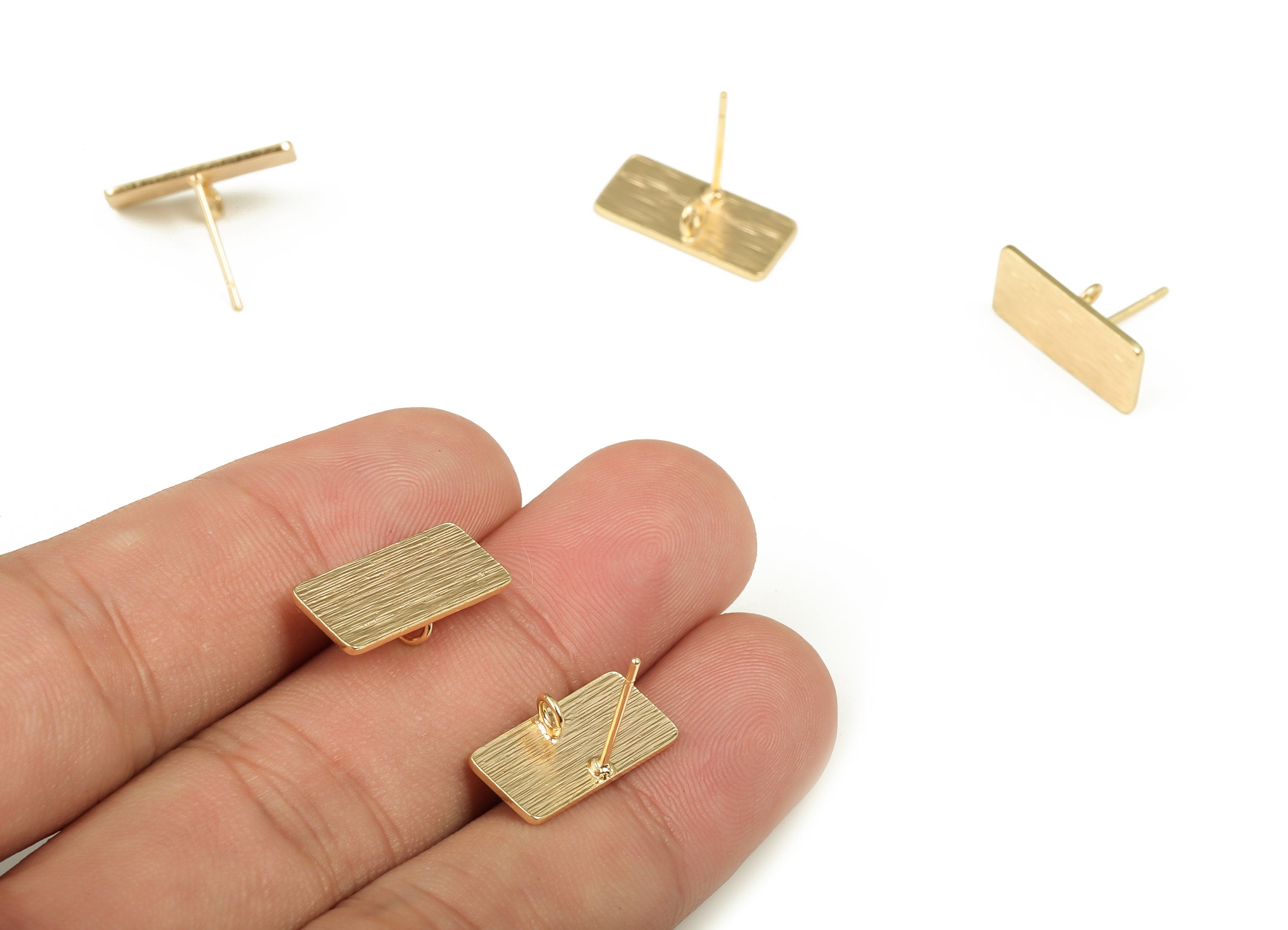 Brass Texture Rectangle Earring Post - Rectangle Earring Stud - 18K Real Gold Plated Brass – Earring Findings -16.96x7.92 x0.87mm - RGP3955G - DOMEDBAZAAR