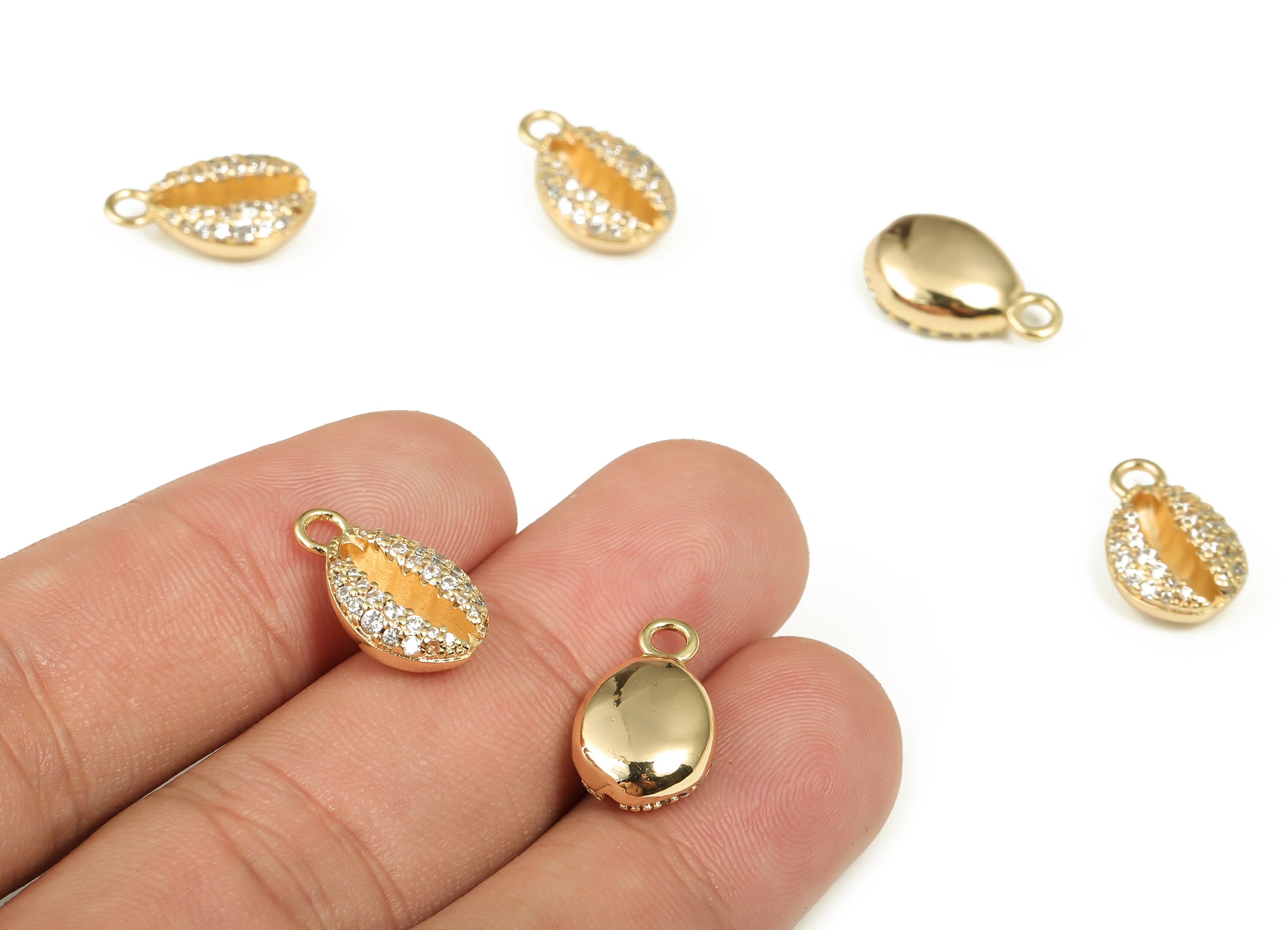 Brass Shell Earring Charms With Zircons - Gold Shell Pendant - 18K Real Gold Plated Brass - Jewelry Supplies - 16.06x9.66x5.33mm - RGP4021 - DOMEDBAZAAR
