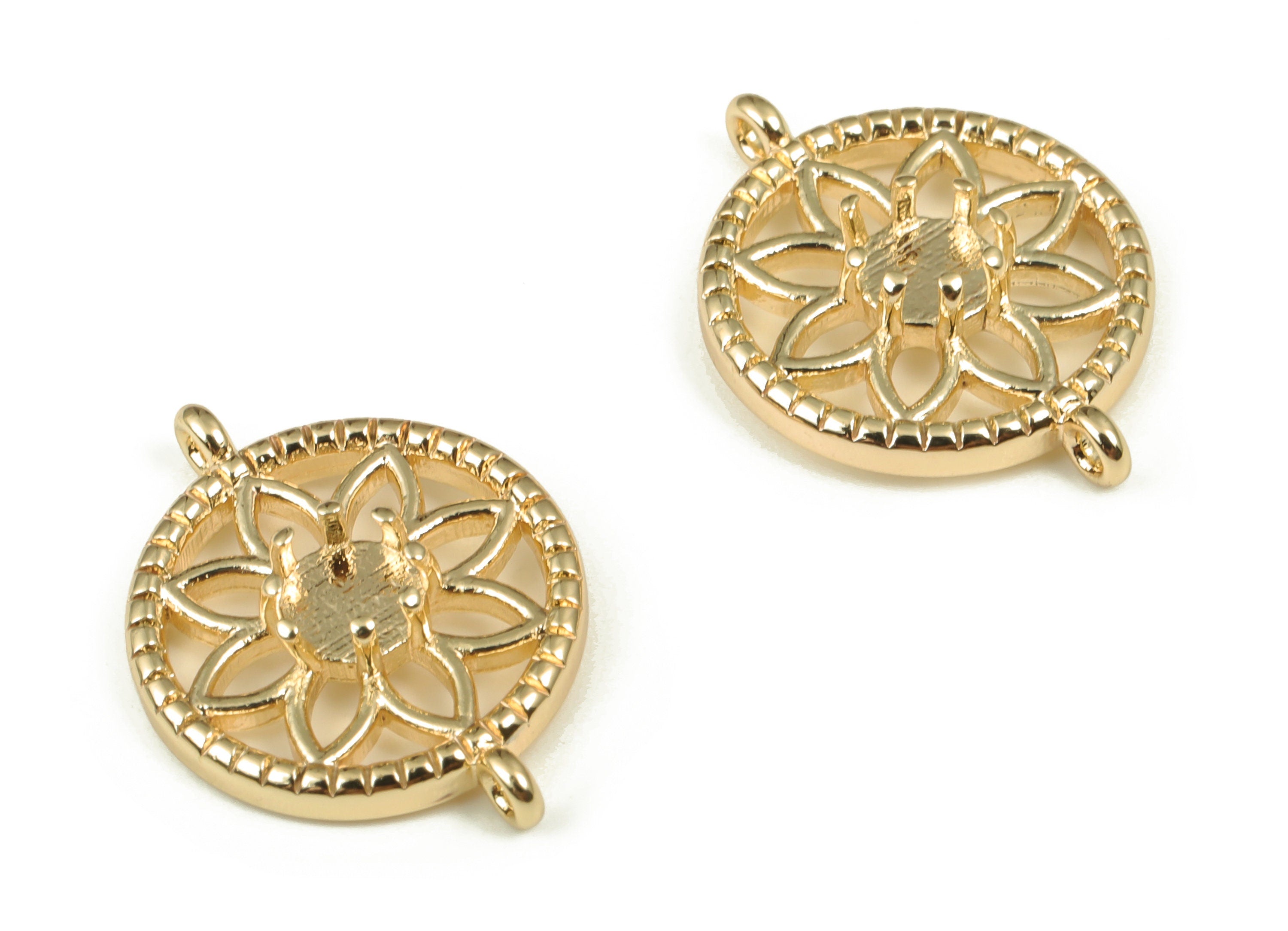 Brass Round Earrings Connector - Gold Flower Pendant Charms - 18K Gold Plated Brass - Jewelry Making Supplies -17.47x12.97x3.37mm- RGP3587 - DOMEDBAZAAR