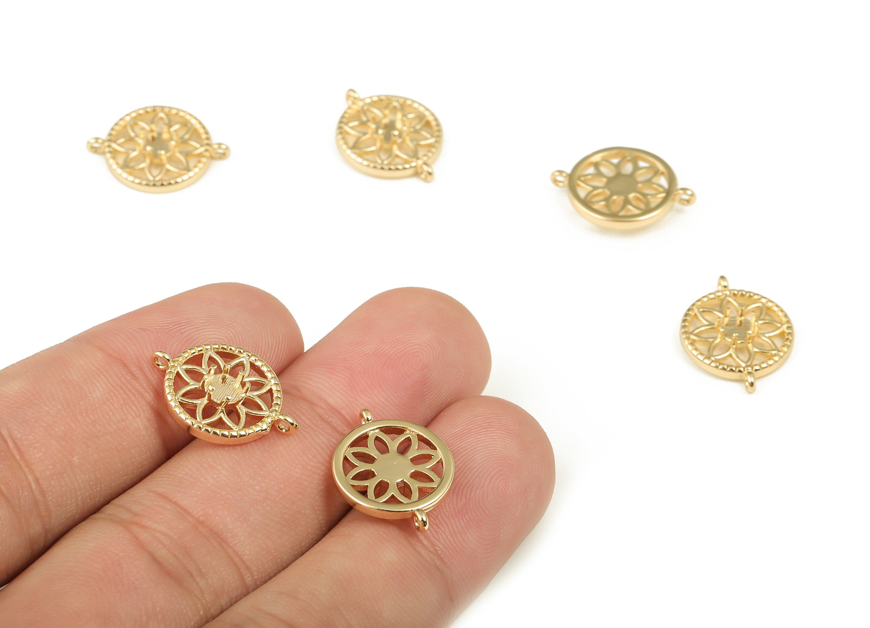 Brass Round Earrings Connector - Gold Flower Pendant Charms - 18K Gold Plated Brass - Jewelry Making Supplies -17.47x12.97x3.37mm- RGP3587 - DOMEDBAZAAR