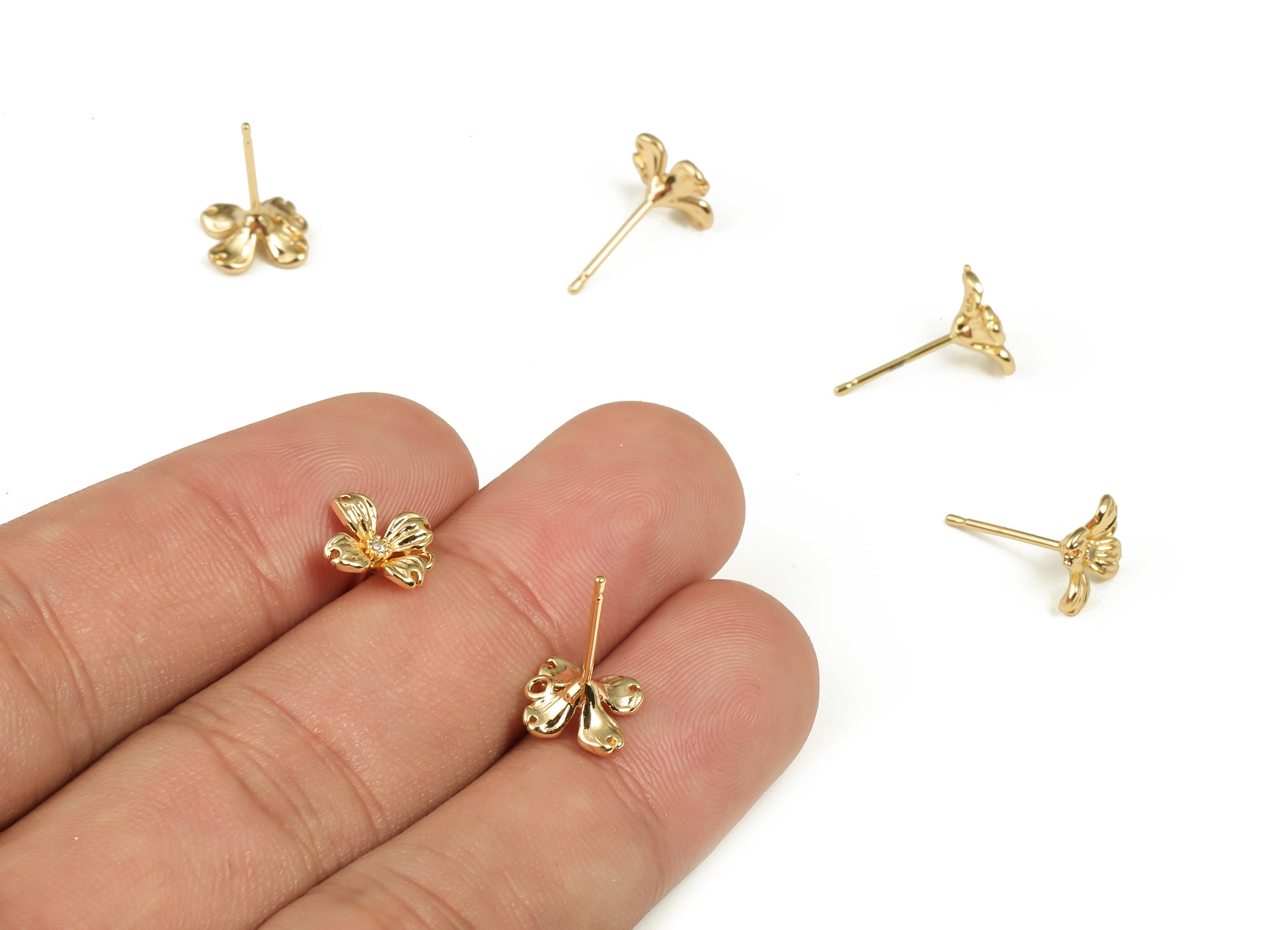 Brass Flower Earring Stud With Zircons - Gold Flower Earring Post - Brass Stud - 18K Real Gold Plated Brass – 8.75x7.94x2.06mm - RGP3589 - DOMEDBAZAAR