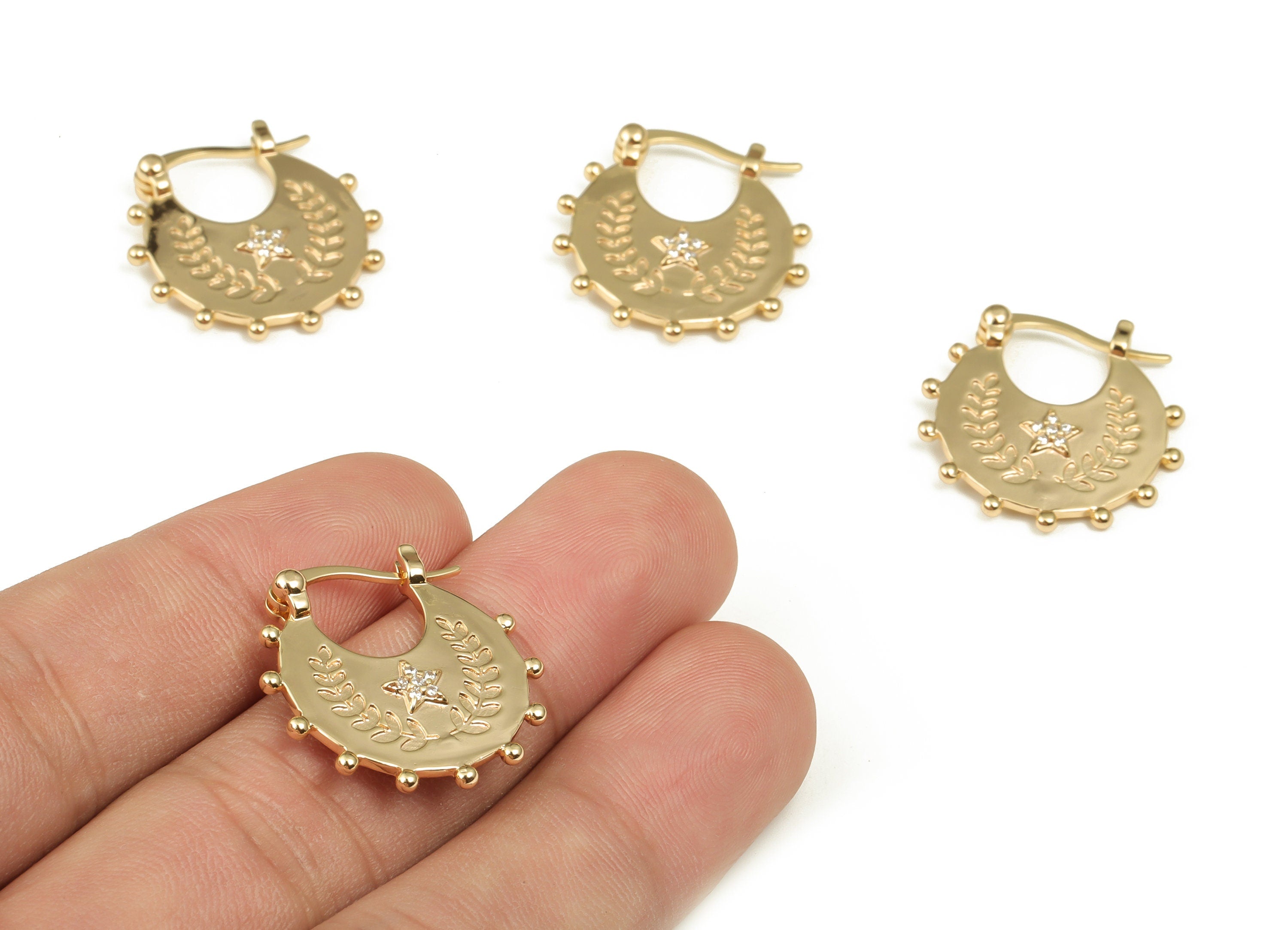 Brass Round Hoop Earring – Zircon Star Bali Hoop Earrings - 18K Real Gold Plated Brass - Jewelry Supplies - 23.6x22.29x3.45mm - RGP4018 - DOMEDBAZAAR