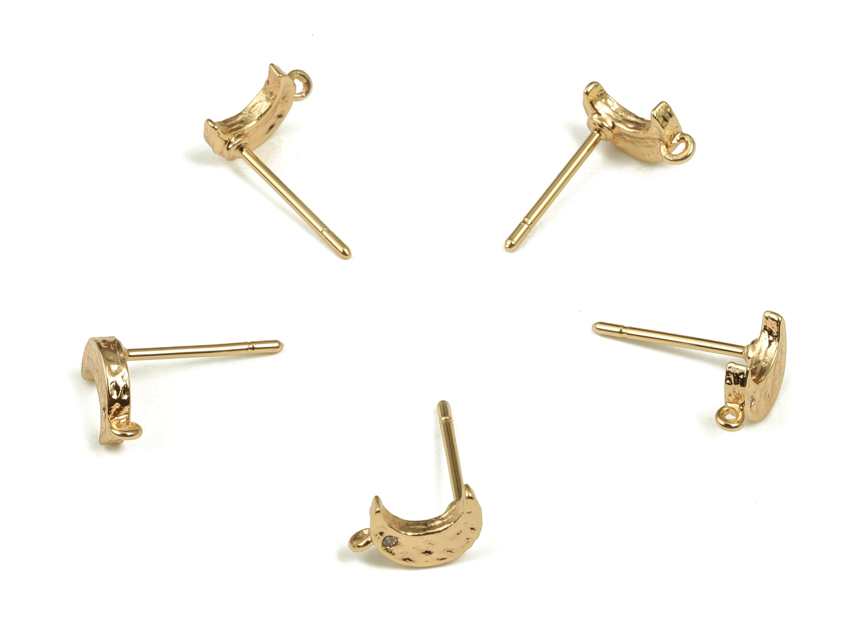 Brass Crescent Earrings Post with Zircon - Gold Moon Earring Stud - 18K Gold Plated Brass Stud - Jewelry Supplies -8.65x5.38x1.55mm- RGP3636 - DOMEDBAZAAR