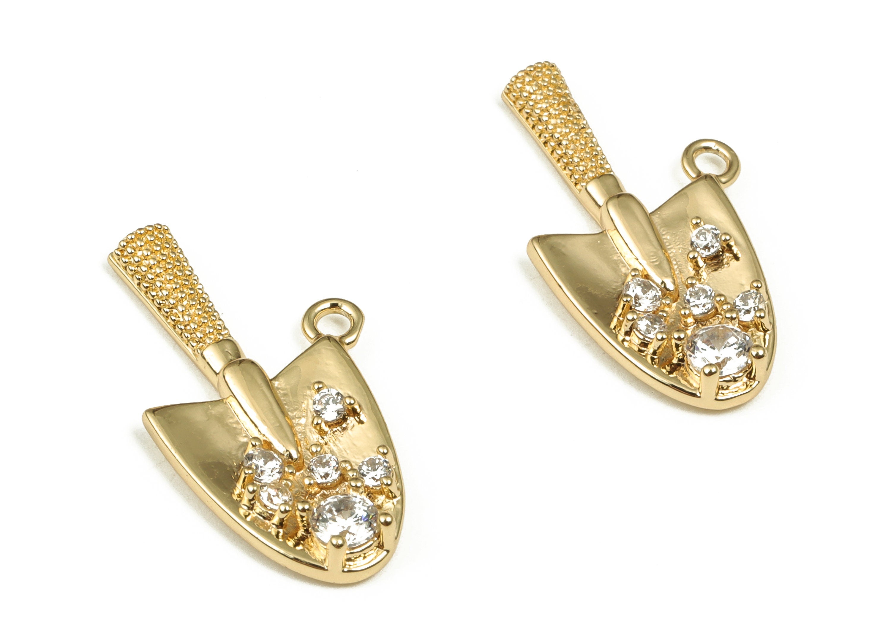 Brass Shovel Earring Charms with Zircons - Gold Hand Shovel Pendant Charm - 18K Gold Plated Brass - Jewelry Supplies - 21x12x2.1mm- RGP4026 - DOMEDBAZAAR