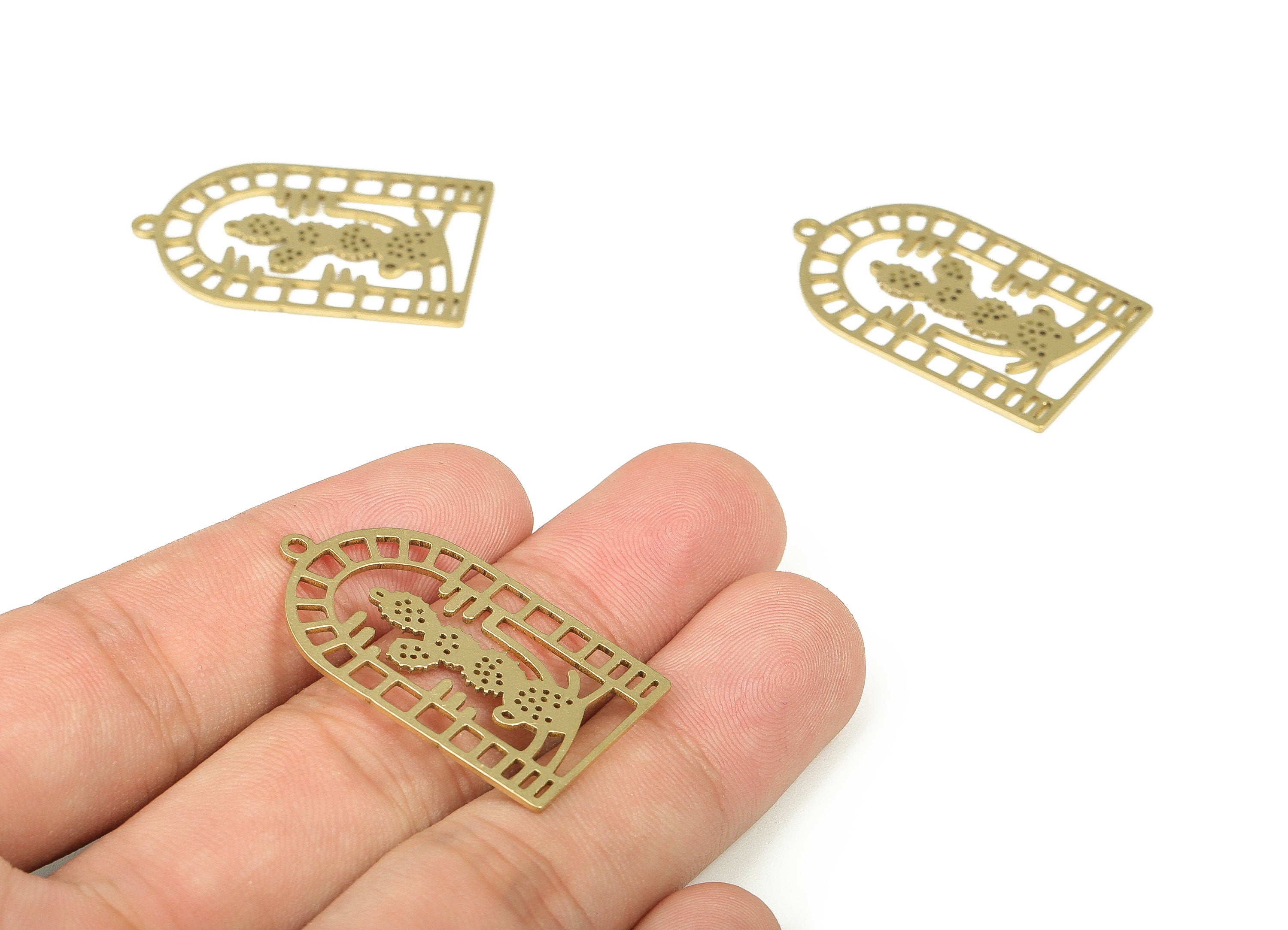 Cactus Mountain Pendant - Raw Brass Domed Cactus Earring Charms - Earrings Finding - Jewelry Making Supplies - 35.01x20.42x0.81mm - PP4300 - DOMEDBAZAAR