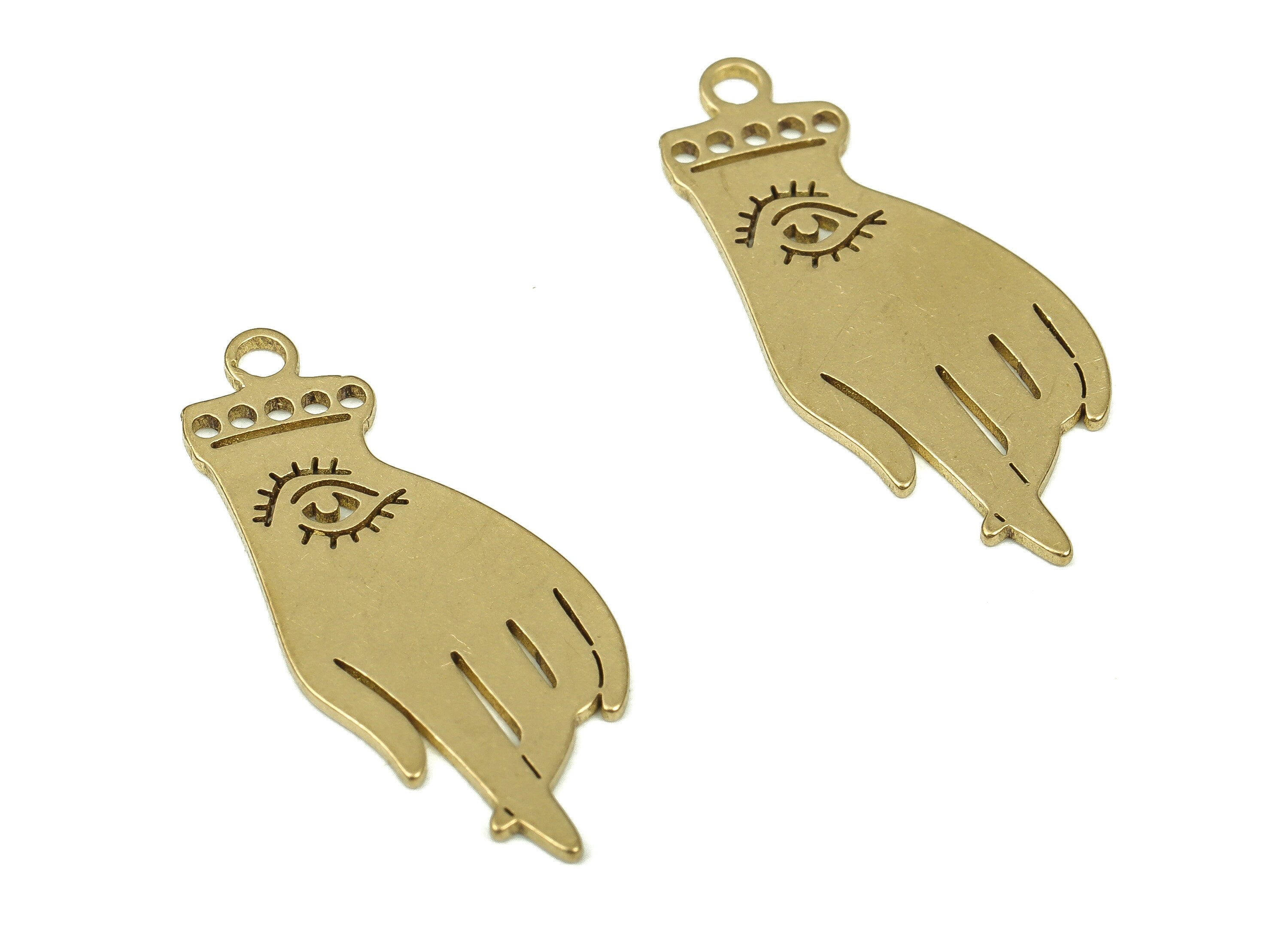 Brass Hand Eye Earring Charms - Raw Brass Hand Eye Pendant – Hand Earring Findings - Jewelry Making Supplies - 23.94x10x0.69mm - PP4292 - DOMEDBAZAAR