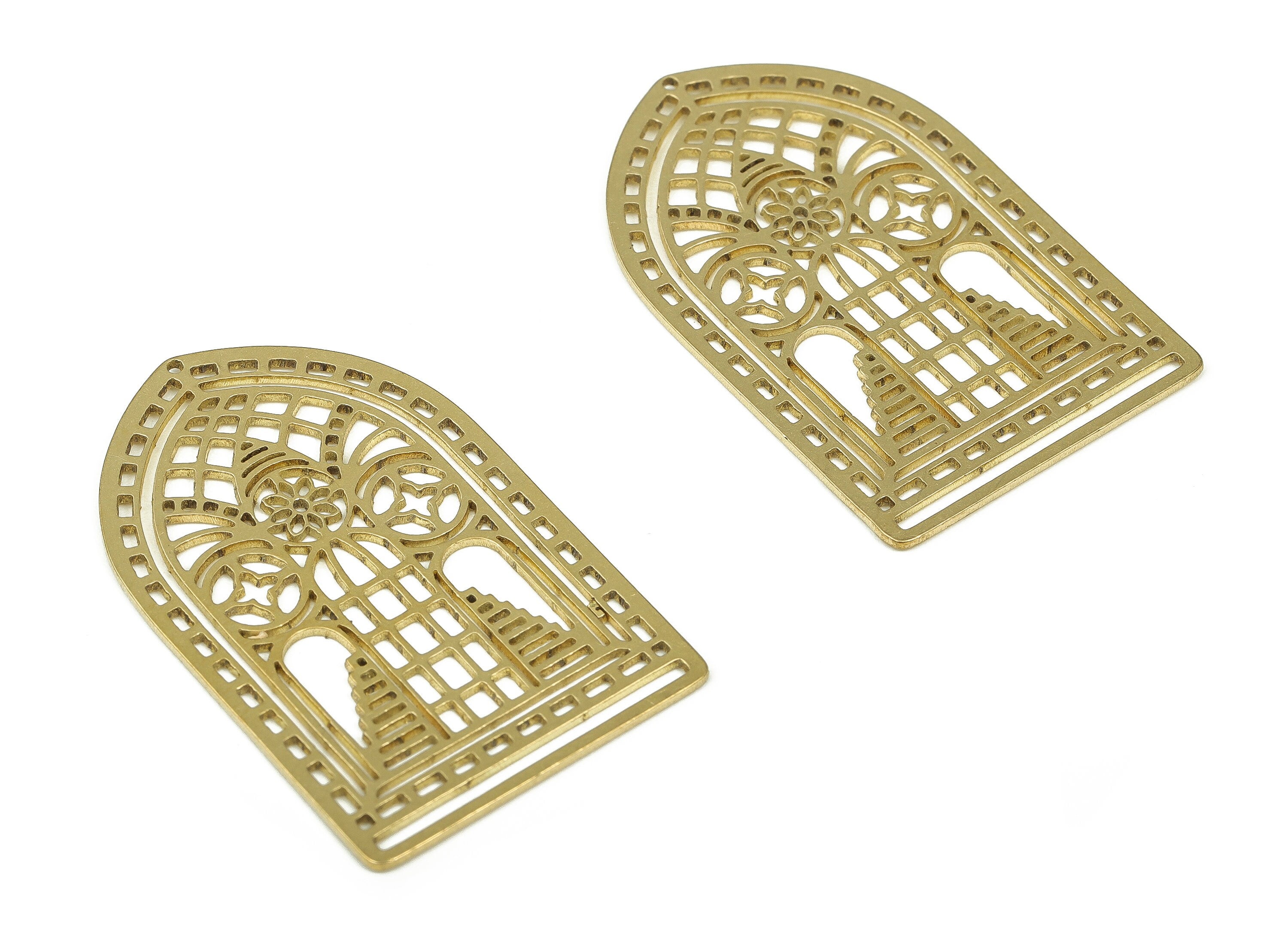 Brass Diamond Earrings Charm - Raw Brass Palace Pendant Charms - Earring Findings - DIY Jewelry Making Supplies - 37.7x23.93x0.79mm - PP4322 - DOMEDBAZAAR