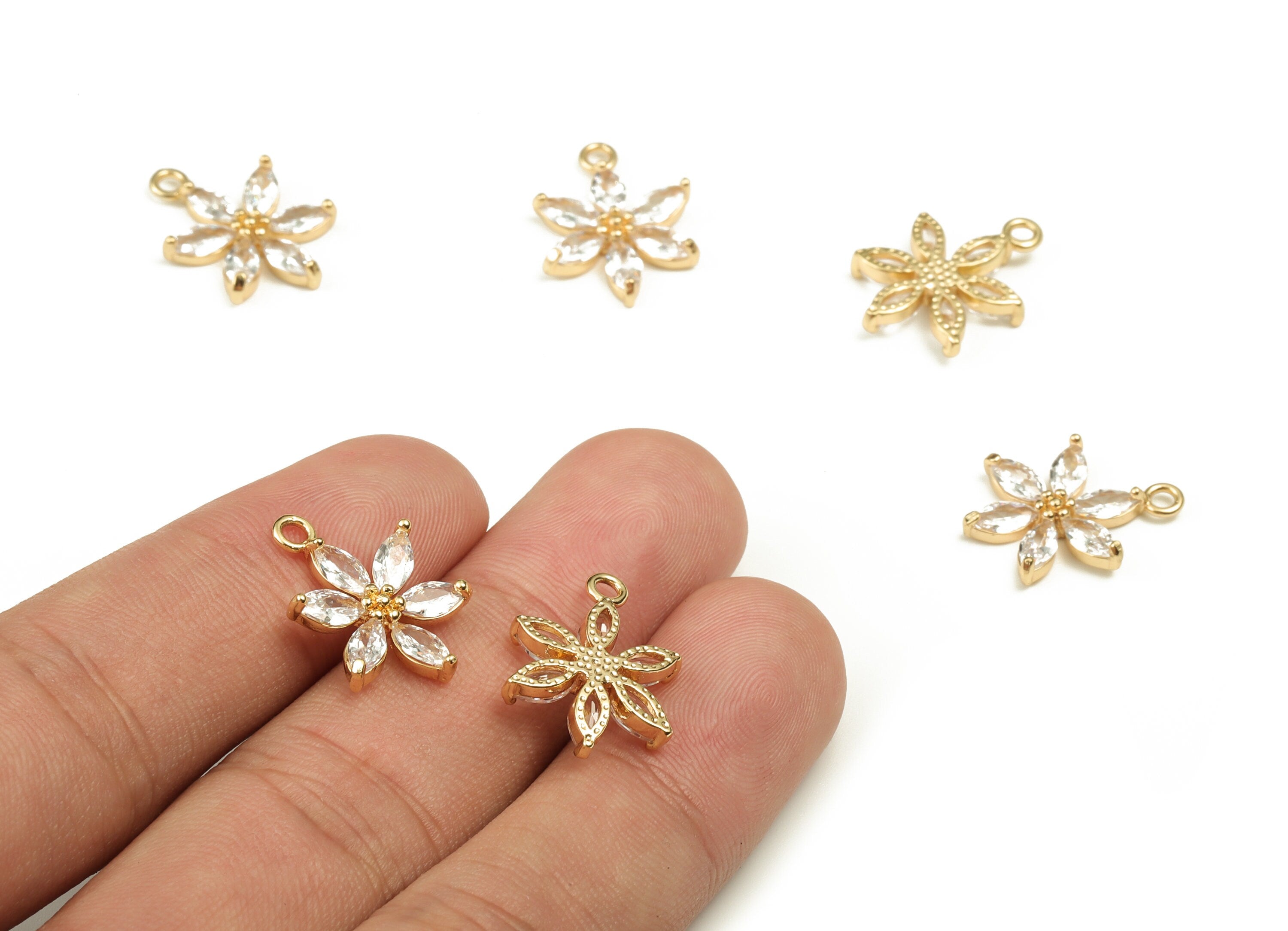 Brass Flower Earring Charms With Zircons - Gold Flower Pendant - 18K Real Gold Plated Brass - Jewelry Supplies - 18.92x15.29x3.2mm - RGP3936 - DOMEDBAZAAR