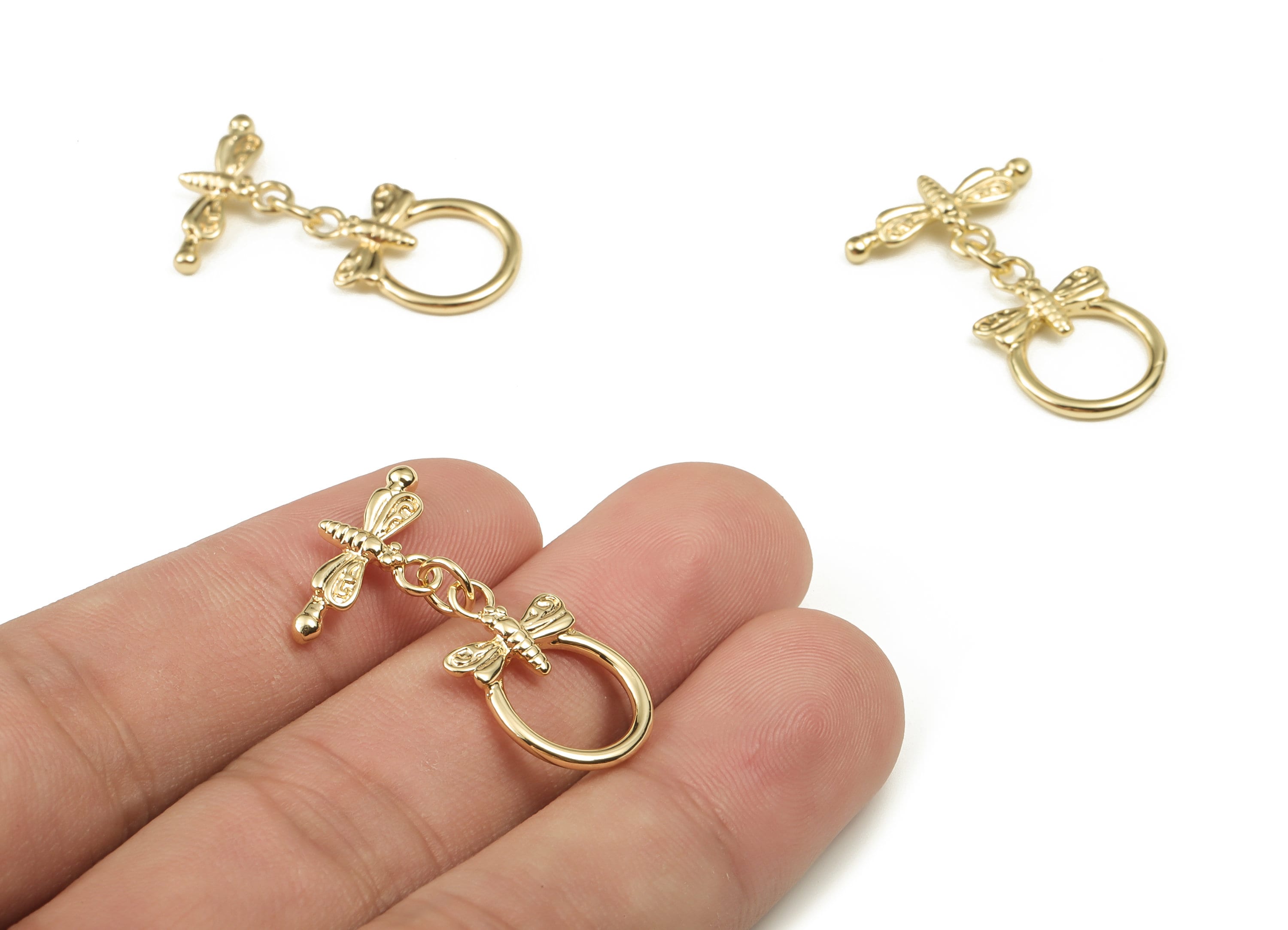 Brass Round Earring Clasp - Gold Plain Dragonfly - 18K Real Gold Plated Brass Clasp - Jewelry Making Supplies - 29.52x18.27x2.7mm - RGP3373 - DOMEDBAZAAR
