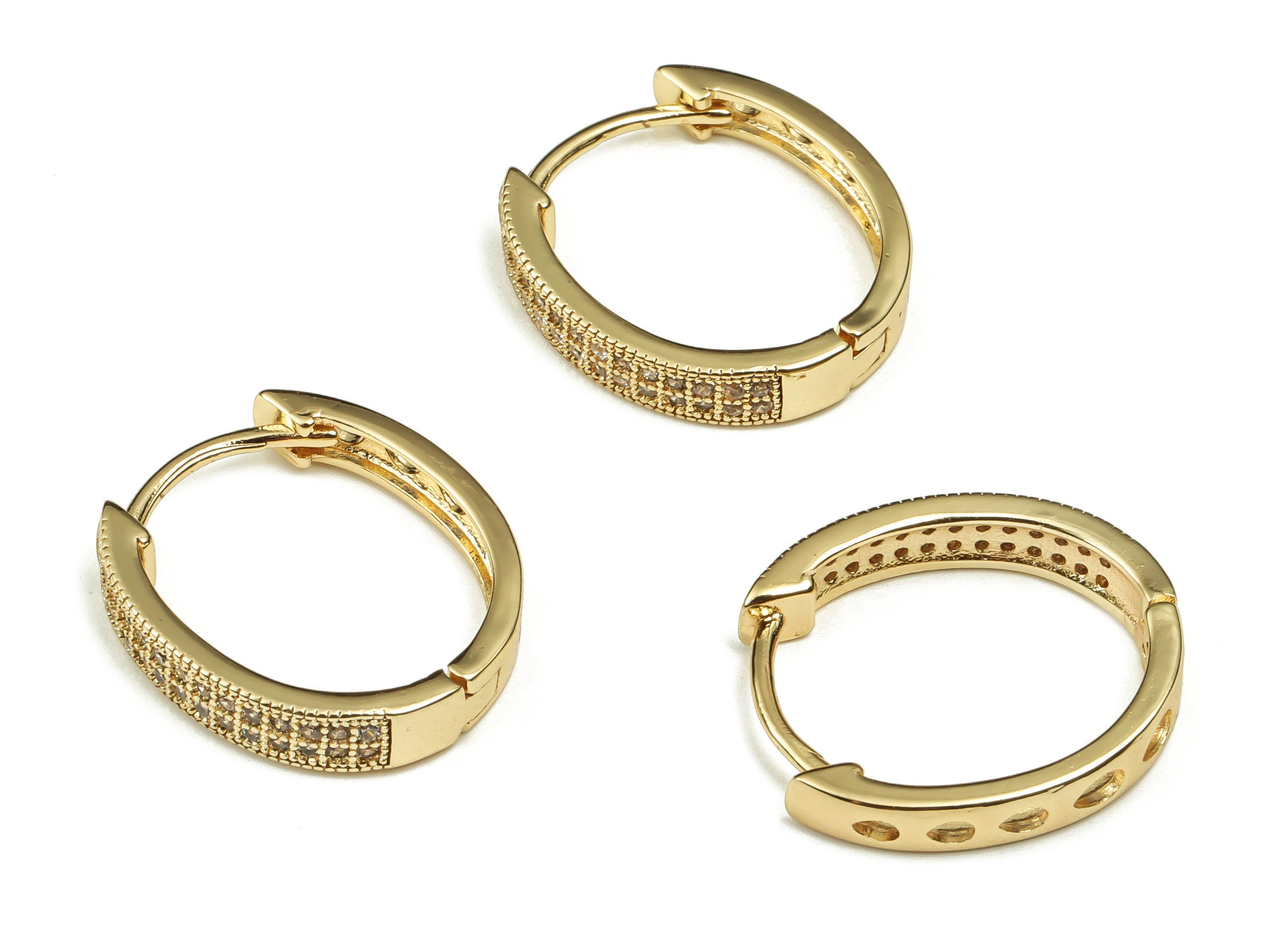 Brass Oval Hoop Earring - Gold Huggie Earrings with Zircon - 18k Real Gold Plated Brass Hoop - Jewelry Supplies -19.14x16.78x1.6mm- RGP3401 - DOMEDBAZAAR